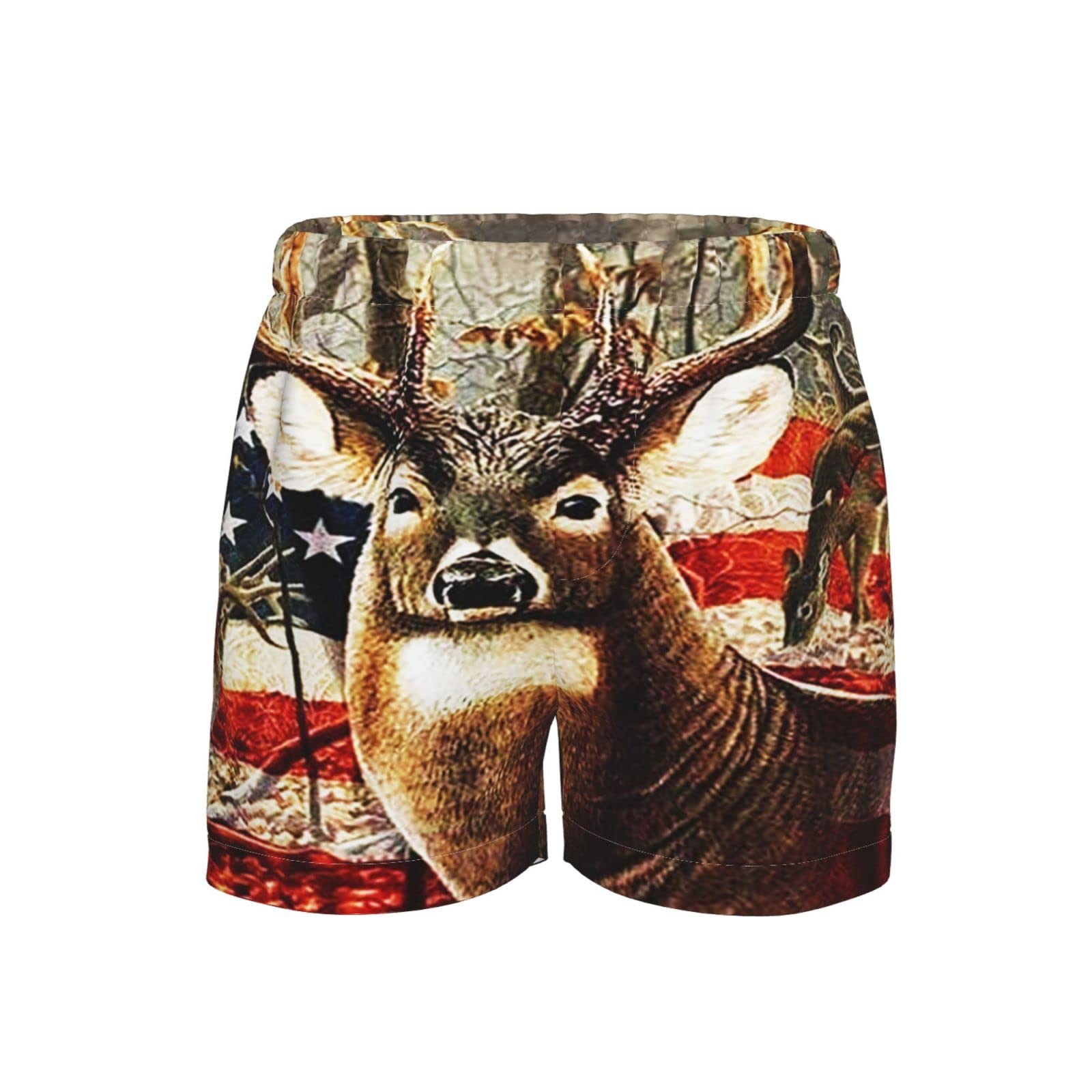 Vintage USA Flag Boys Swim Trunks - Quick Dry Beach Board Shorts with Deer Elk Print for Swimming, Surfing & Summer Activities