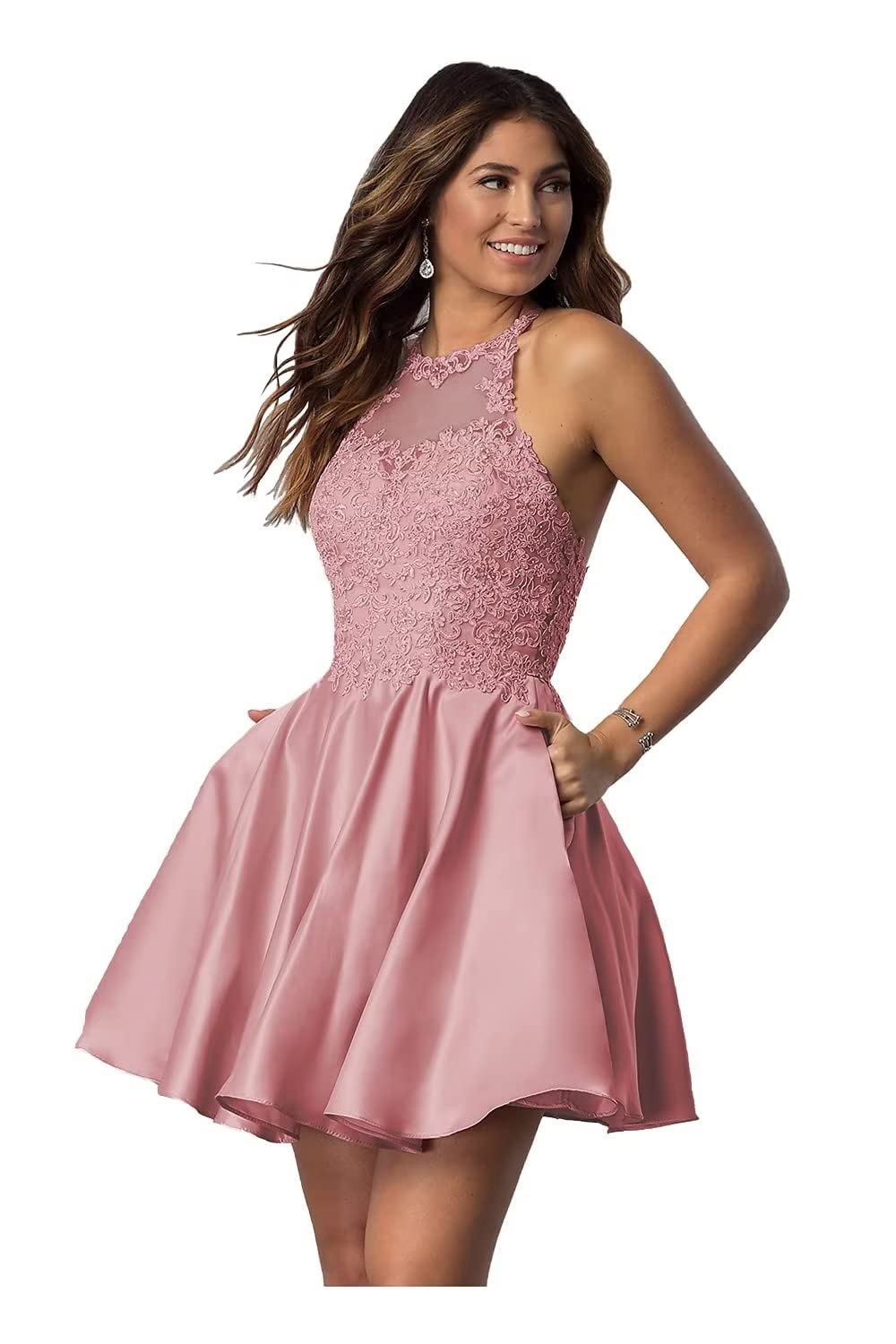 Elegant Lace Applique Short Homecoming Dress with Pockets - Halter Prom Dress for Teens 2022 - Satin Cocktail Party Dress for Dances, Weddings & Special Occasions