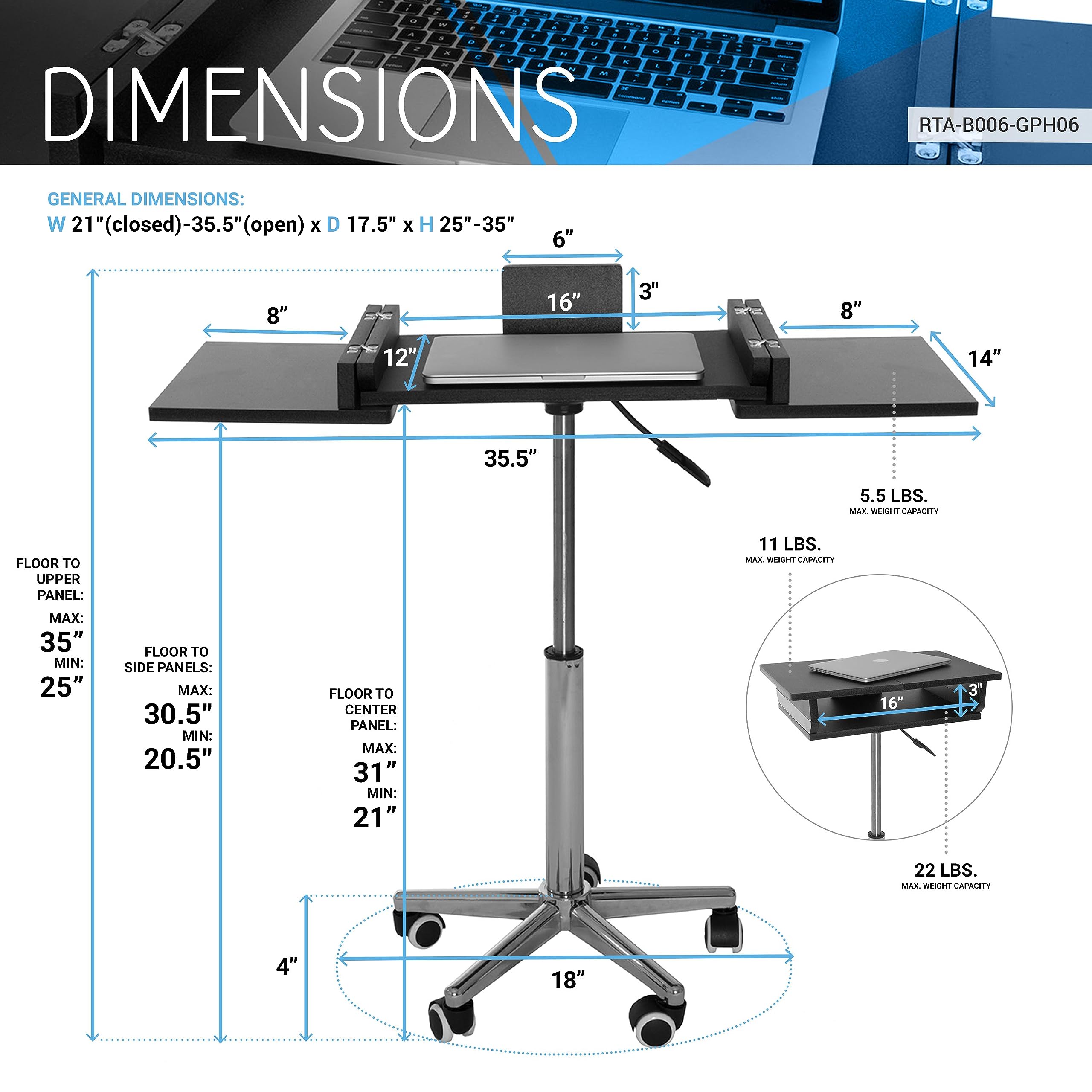 Adjustable Height Portable Standing Desk with Extendable Panels - Rolling Laptop Stand & Podium Desk in Graphite Black - Perfect for Home Office, Work from Home & Remote Work Setup