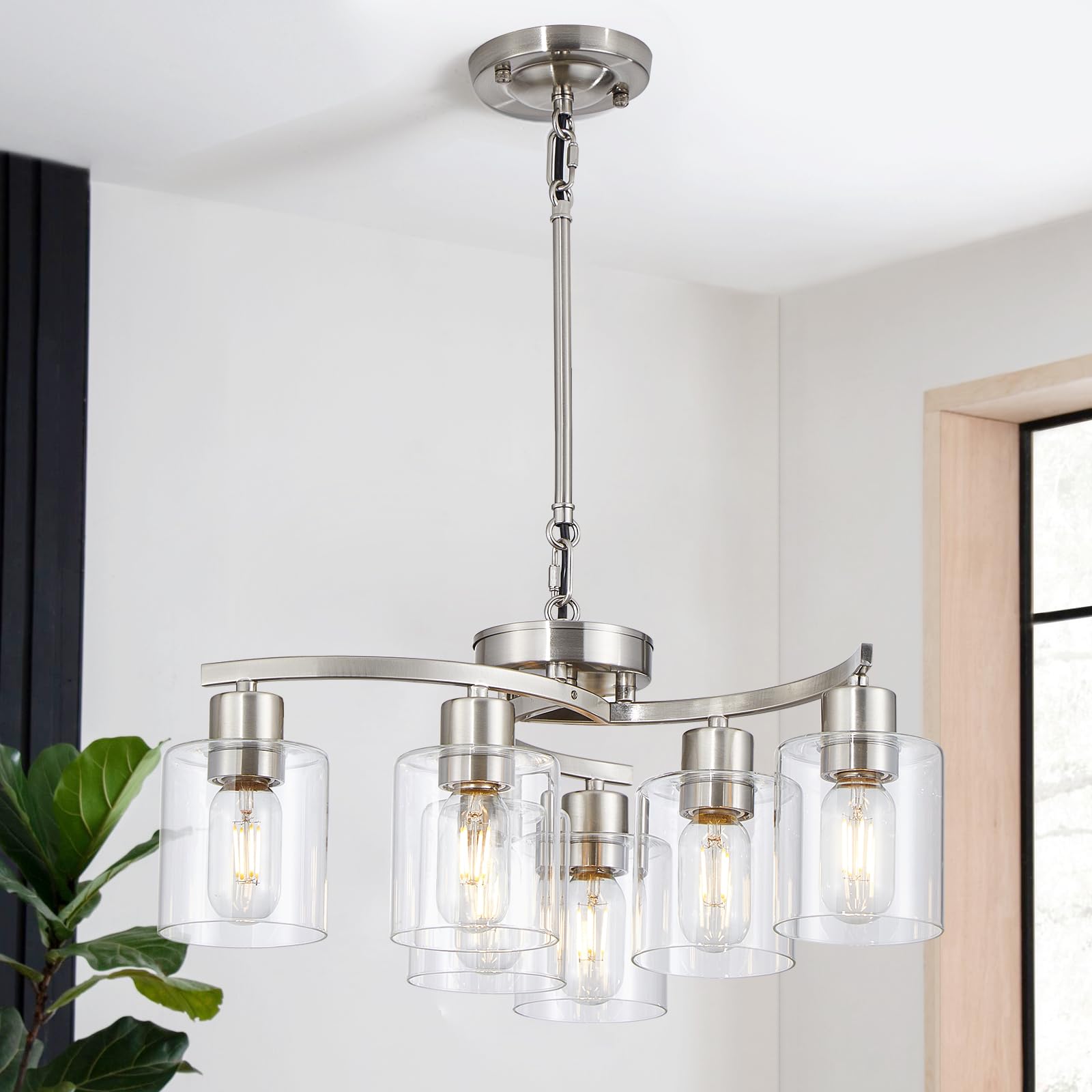 Modern Brushed Nickel Chandelier - Adjustable Height 6-Light Dining Room Ceiling Fixture for Living Room, Bedroom & Kitchen Island | Elegant Lighting for Home Decor & Dinner Parties