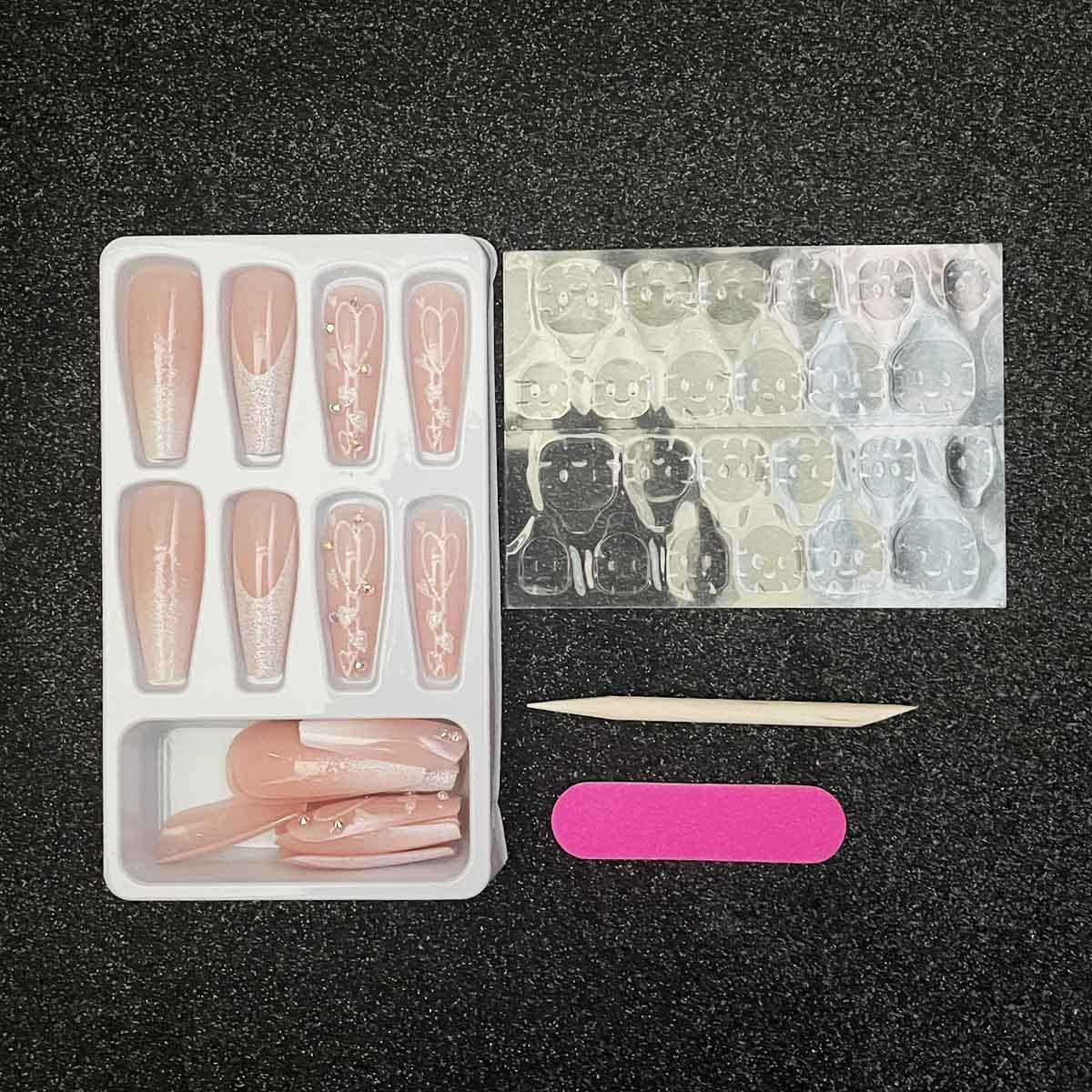 Carufin 24Pcs Long Coffin Press on Nails with Glossy Shine & Heart French Tip - Acrylic False Nails for Women & Girls (Style D) - Perfect for Parties, Weddings, and Special Occasions