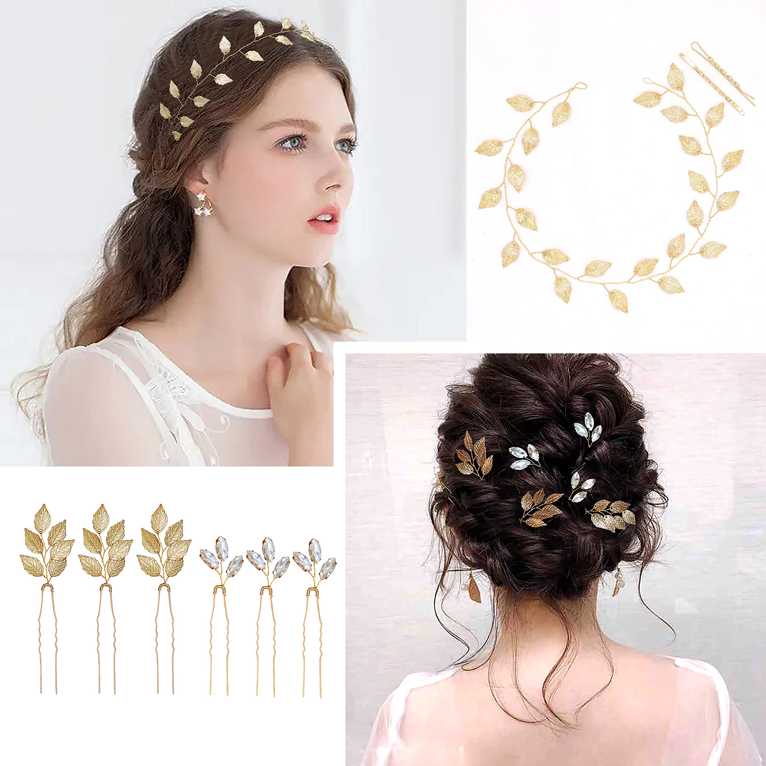Vintage Gold Leaf Wedding Headpieces - 7 Pack Bridal Hair Pins & Headbands for Bride, Bridesmaids, Women & Girls | Perfect for Weddings, Prom, Parties & Special Occasions