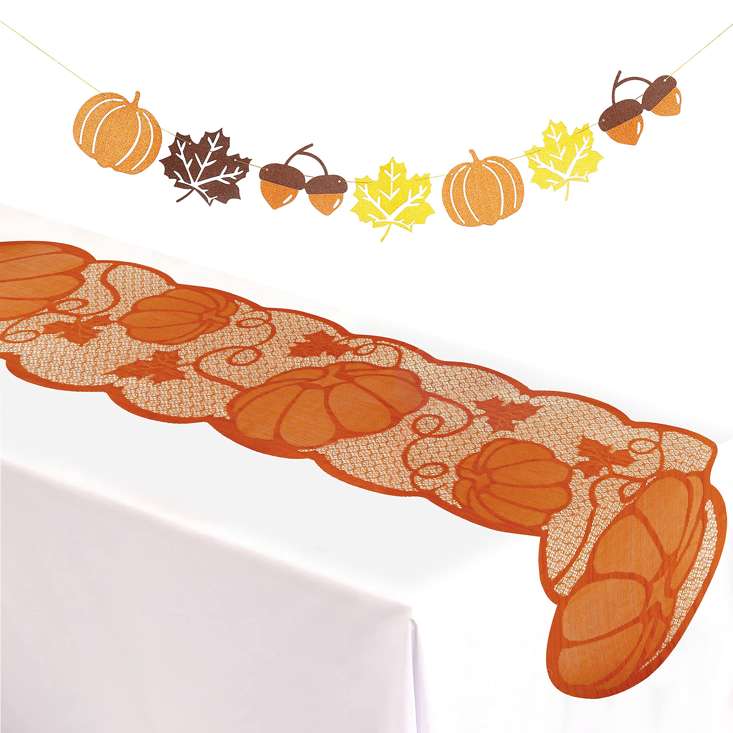 Fall Table Runner Thanksgiving Decor Banner - Elegant Lace Pumpkin Maple Leaves Design for Harvest Party, Home & Wedding Decorations (Light Orange) - Perfect for Autumn Tablescapes, Seasonal Centerpieces & Holiday Gatherings
