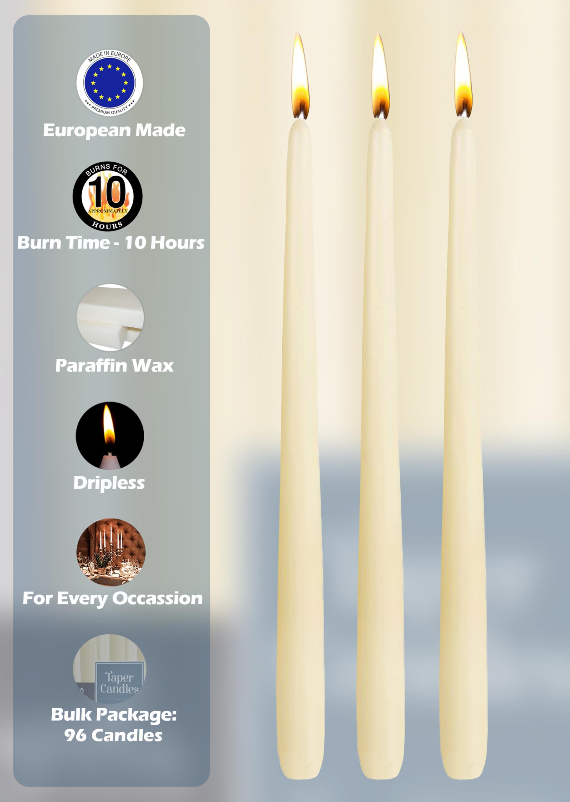 Hyoola 12 Inch Wool White Unscented Dripless Taper Candles Bulk (96 Pack) - 10 Hour Burn Time - Perfect for Weddings, Church, Candlelight Dinners & Home Decor