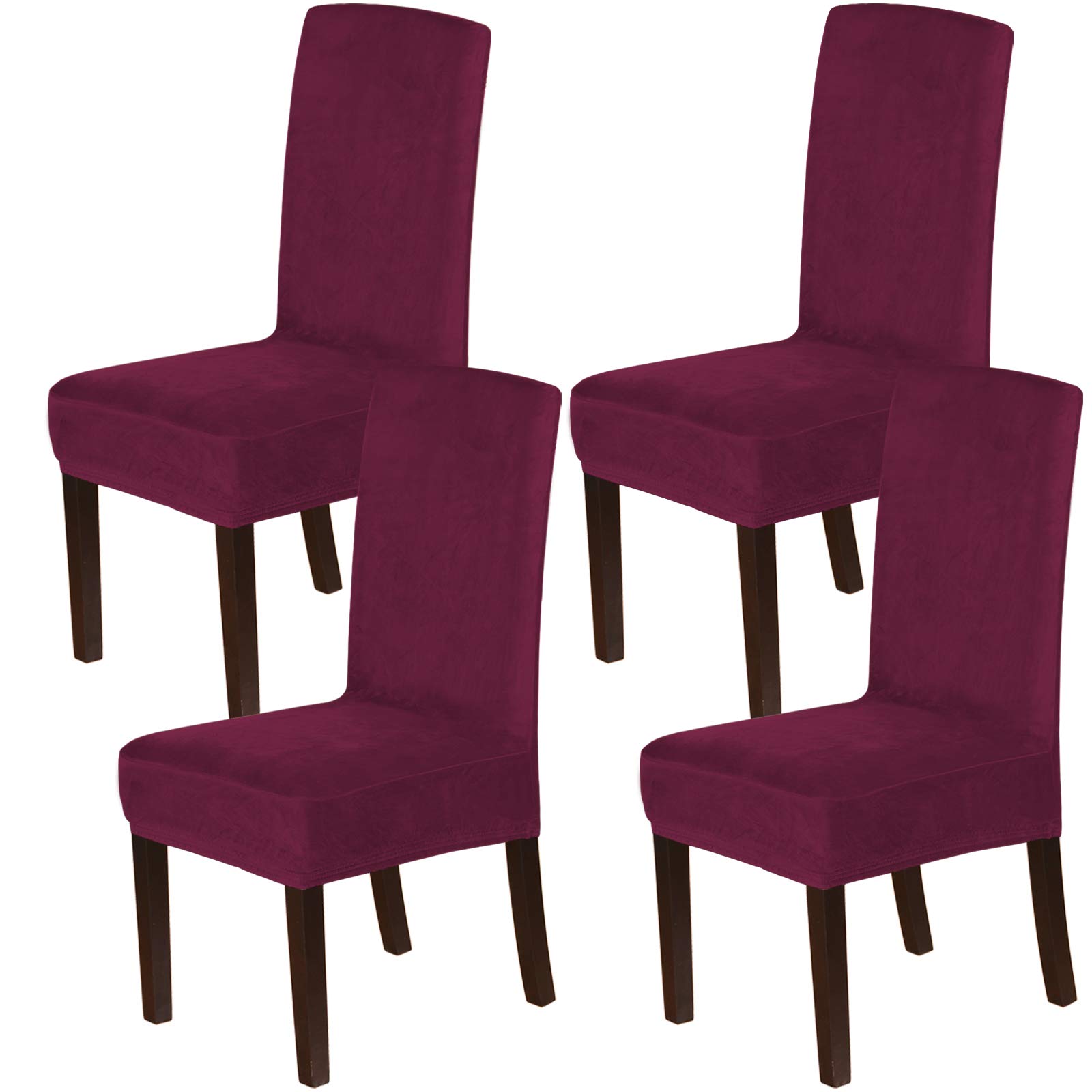 Stretch Velvet Dining Chair Covers Set of 4 - Washable Burgundy Slipcovers for Home & Restaurant Use