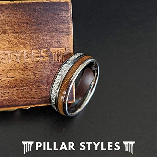 Unique Meteorite & Bourbon Barrel Wood Tungsten Wedding Band for Men - 8mm Comfort Fit Durable Ring - Anniversary Gift for Him - Perfect for Weddings, Engagements & Special Occasions