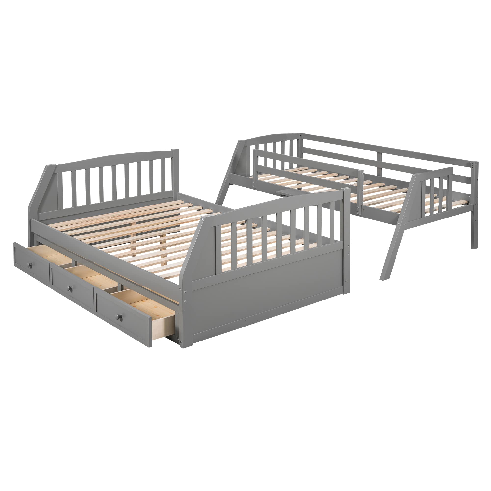 Solid Wood Twin-Over-Full Bunk Bed with Stairs & Storage - Kids Teens Adults Bedroom Furniture (Gray)