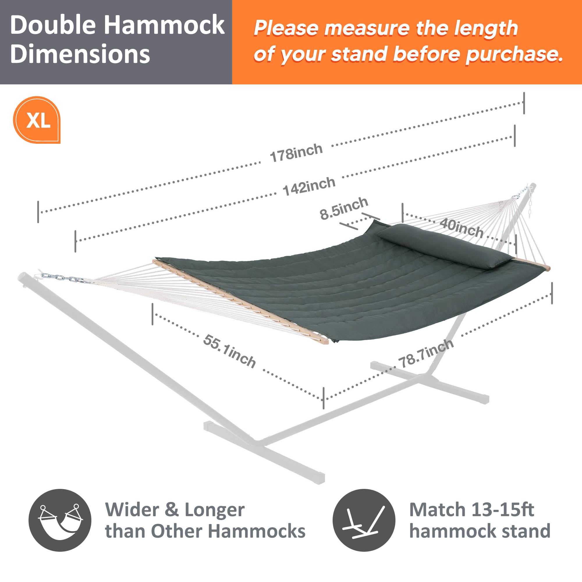 **SUNCREAT Portable Double Rope Hammock with Comfortable Pad - 2 Person Outdoor Hammock for Garden, Backyard, Patio, Poolside & Camping - Durable & Lightweight - Perfect for Relaxation & Adventure (Gray Green)**