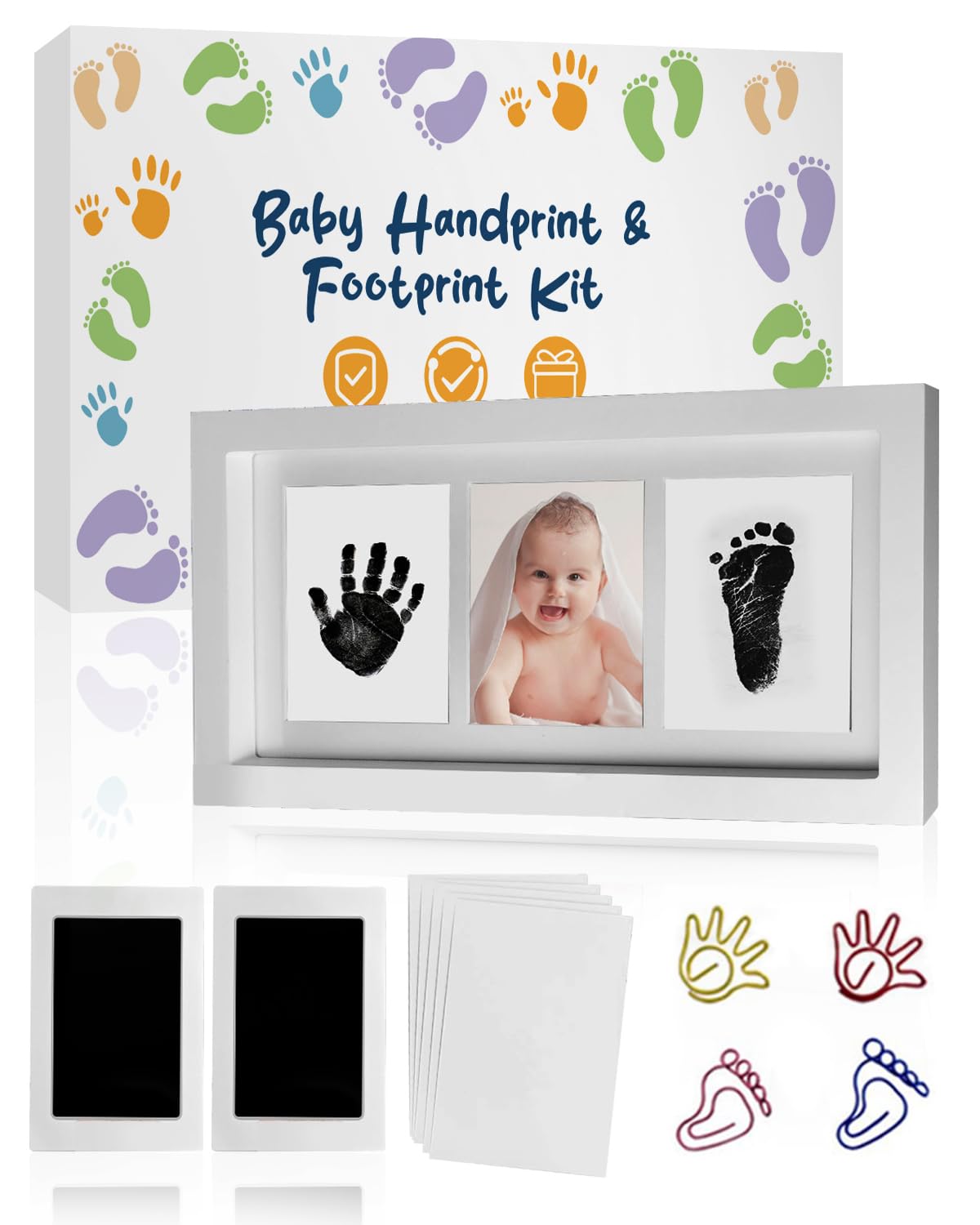 MOXTOYU Baby Handprint and Footprint Photo Frame Kit - Non-Toxic Newborn Keepsake Set with 2 Clean-Touch Ink Pads, 6 Imprint Cards & 4 Cute Clips | Perfect Baby Shower Gift for First Birthday, Christening or Mother's Day | Capture Precious Memories of Your Little One's Tiny Hands and Feet