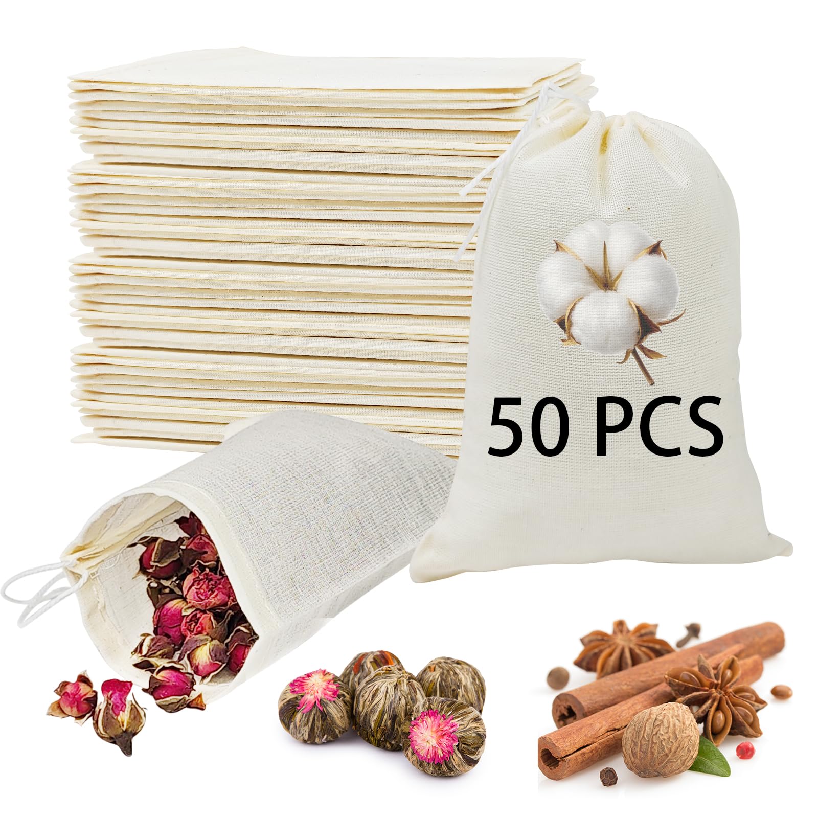 50PCS 3x4 Inch Small Muslin Bags with Drawstrings - Reusable Spice Bags for Cooking, Herb Storage, Potpourri & DIY Crafts - Perfect for Tea, Spices, Herbs, Wedding Favors & Gift Packaging