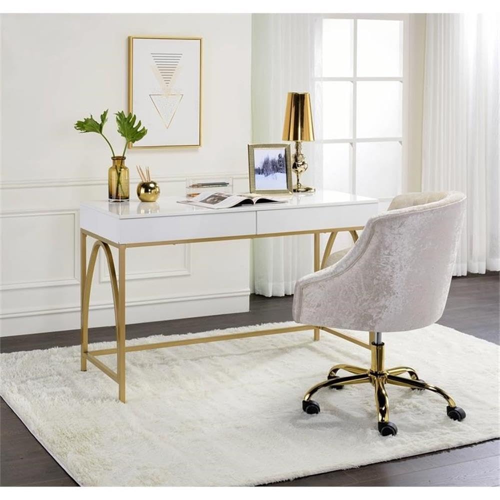 UrbanPro Contemporary White High Gloss & Gold Wood Writing Desk - Modern Home Office Furniture for Small Spaces, Study & Work from Home
