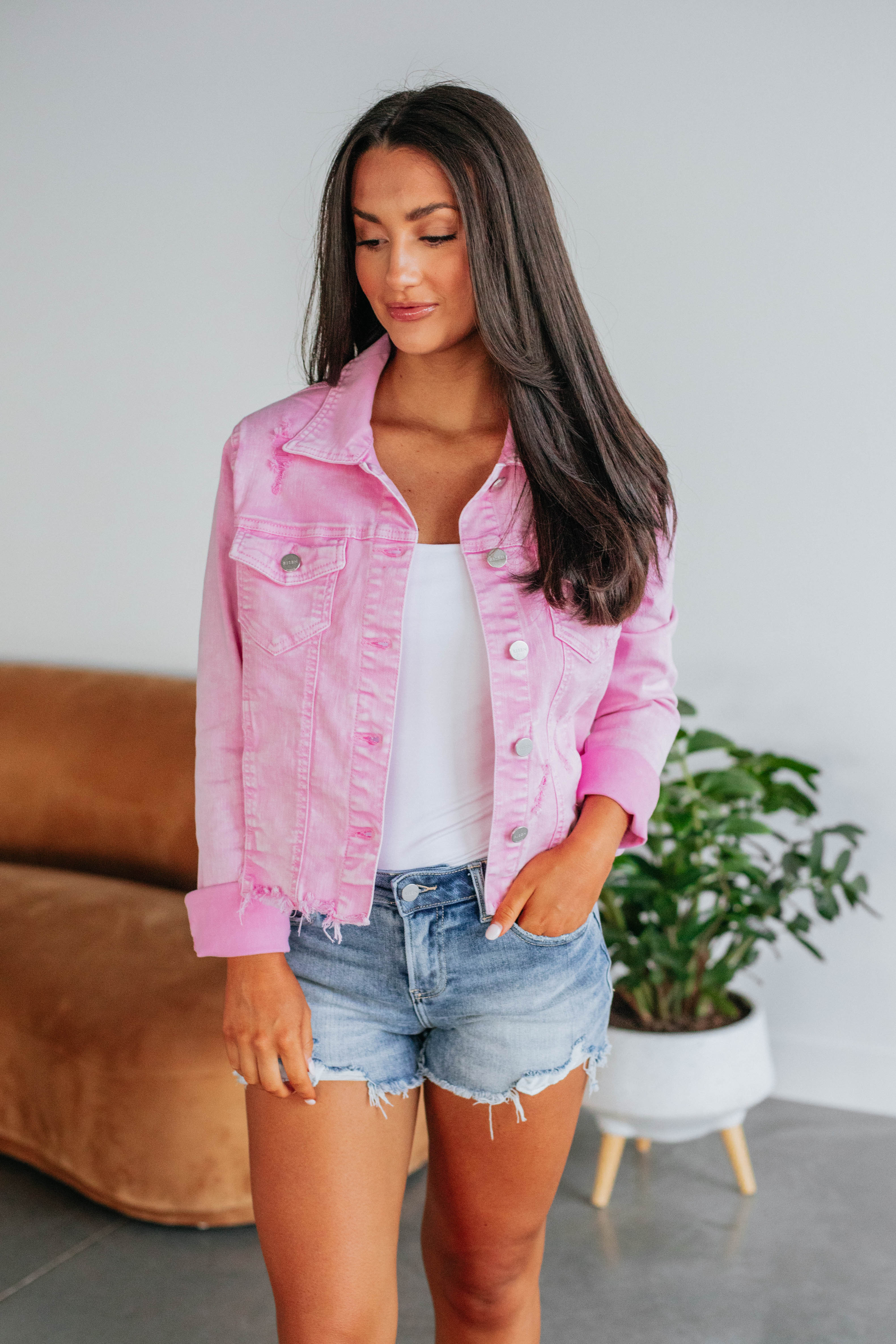 Gemma Risen Acid Pink Denim Jacket for Women - Trendy Distressed Vintage Style - Perfect for Casual Outfits, Streetwear & Spring Fashion