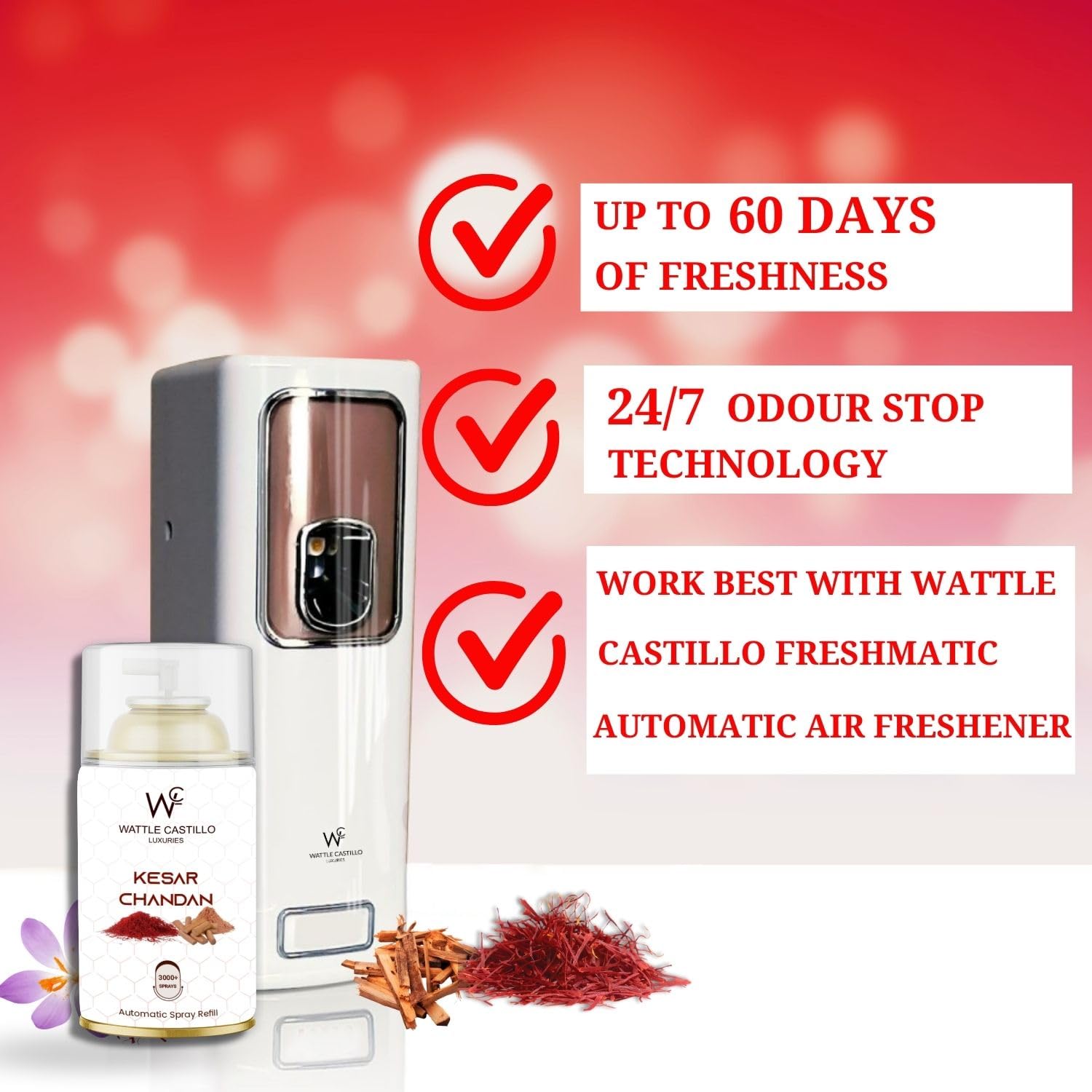 Wattle Castillo Automatic Air Freshener Refill - Relax Kesar Chandan Scent | 3000+ Sprays, Lasts 90 Days (265ml) | Perfect for Home, Office, Bathroom & Car Freshening