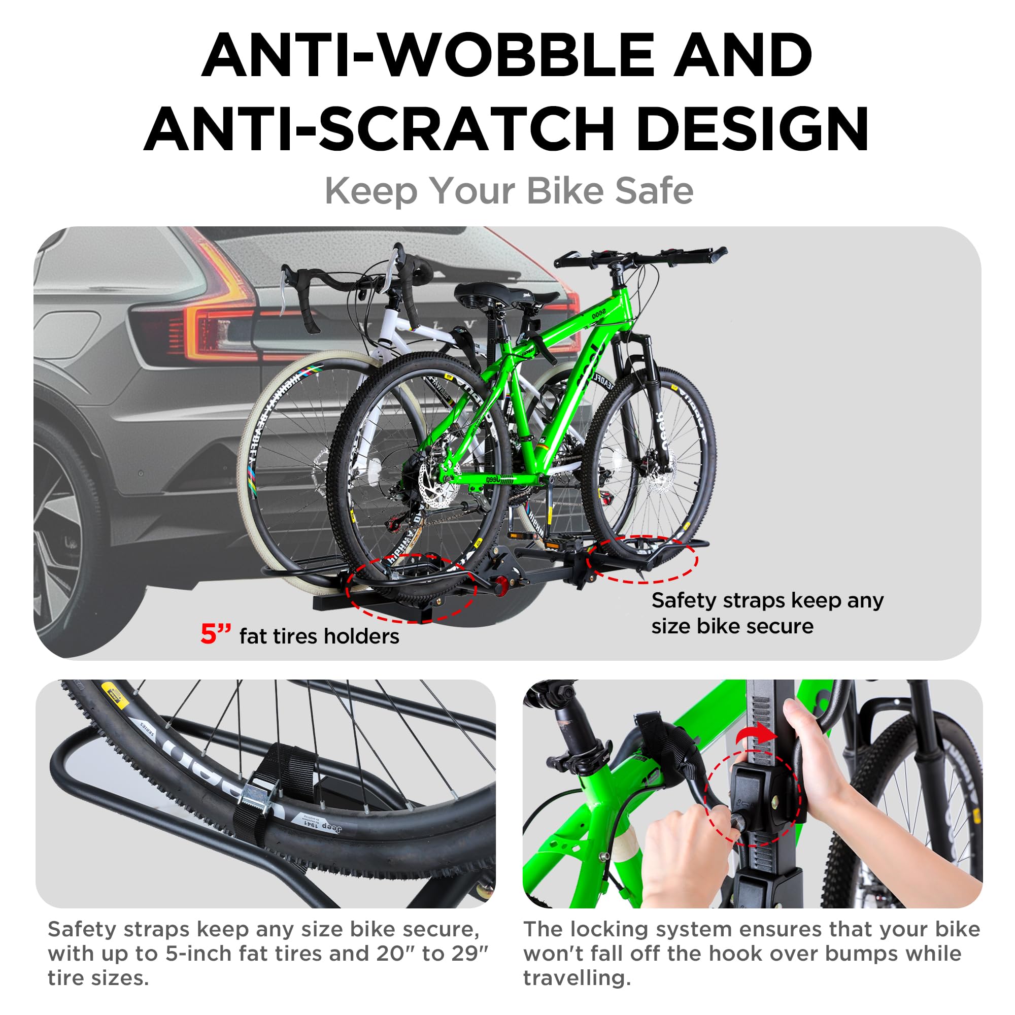 200 lbs. Capacity Hitch Mounted 2-Bike Rack with Lock - Fits Standard, Mountain & Fat Tire Bikes - Compatible with Cars, SUVs, Vans, RVs, Trailers & Trucks - Perfect for Road Trips, Camping & Outdoor Adventures