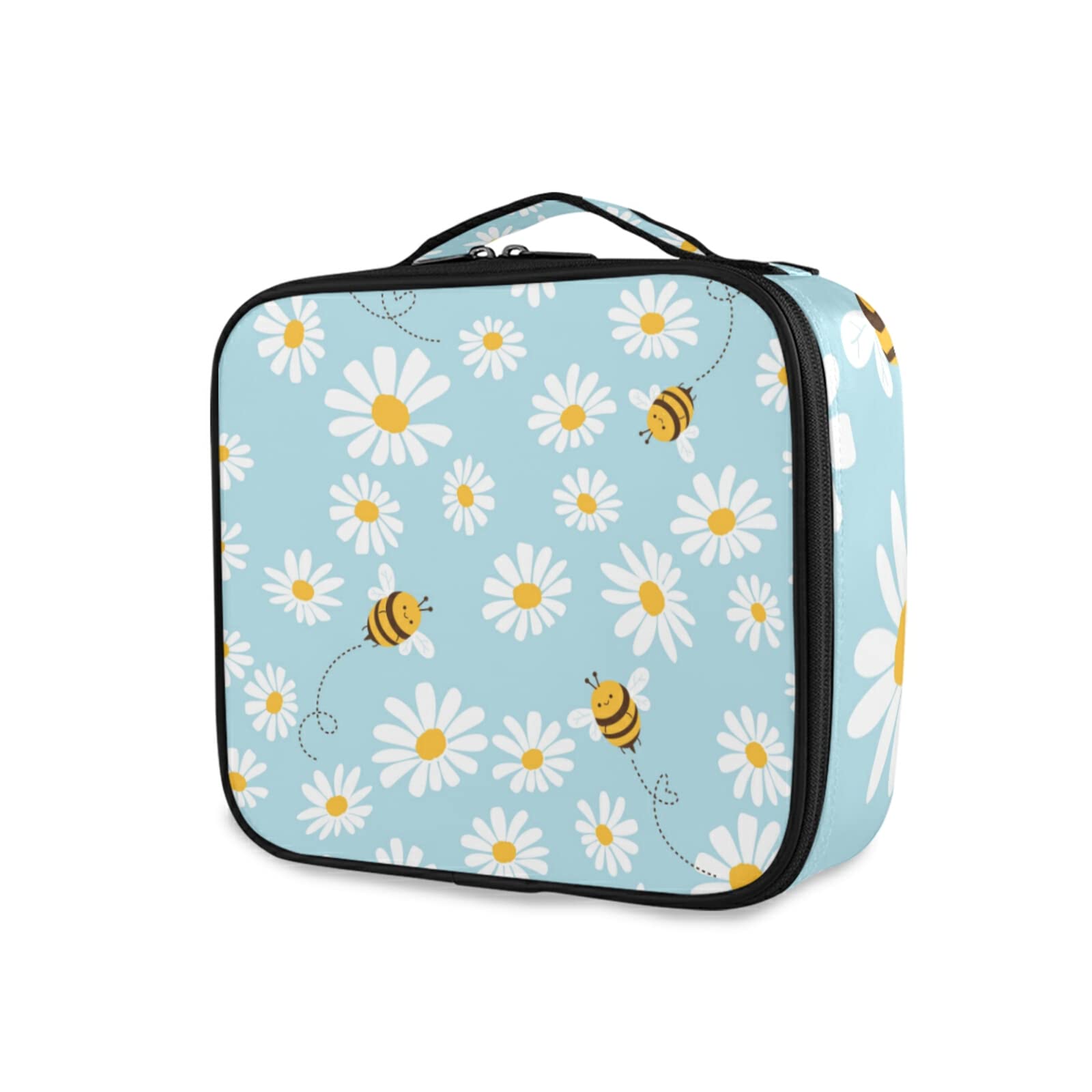 Blue Daisy Flower & Cartoon Bee Travel Cosmetic Bag with Makeup Brush Holder & Adjustable Dividers - Portable Makeup Organizer for Women | Perfect for Travel, Gym & Daily Use