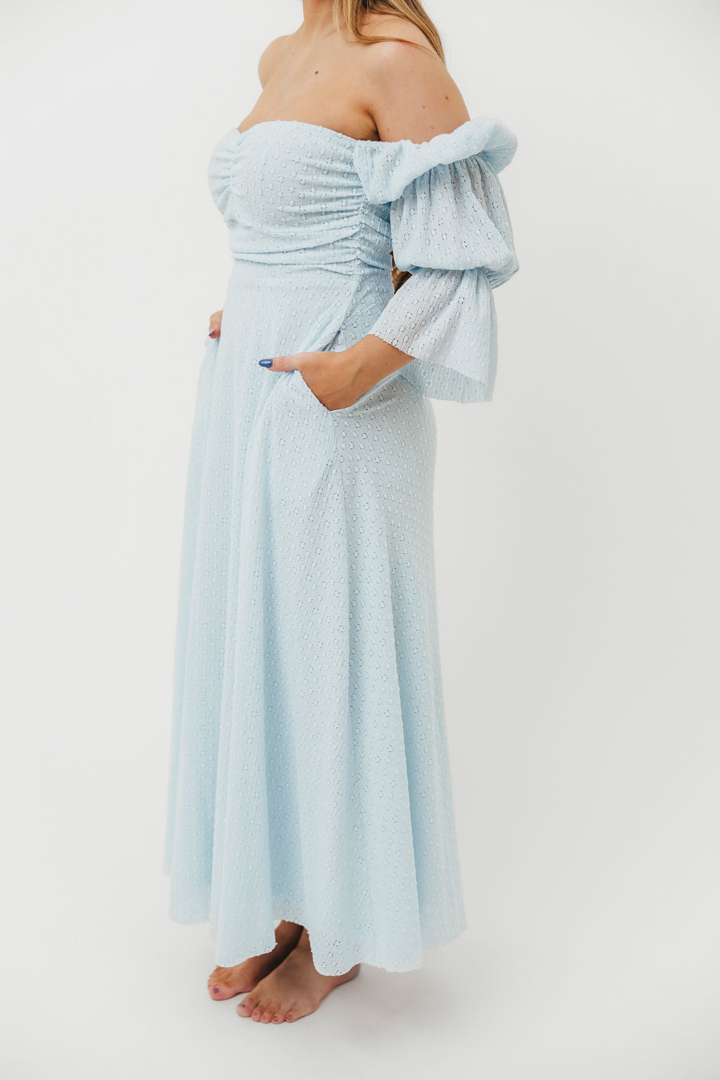 Corrine Tiered Sleeve Maxi Dress with Pockets - Baby Blue Maternity Dress | Bump Friendly & Comfortable for Pregnancy, Nursing, Baby Showers and Special Occasions