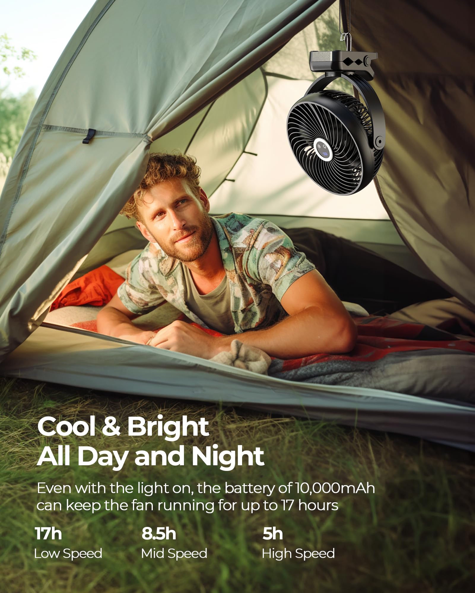 Koonie 10000mAh Portable Clip on Fan with LED Lantern & Hook - 8'' Battery Operated Desk Fan for Camping, Travel, Gym & Home - Quiet 360° Rotating Fan with Digital Display & 3 Speed Settings - Perfect for Tents, Treadmills, Offices & Outdoor Adventures