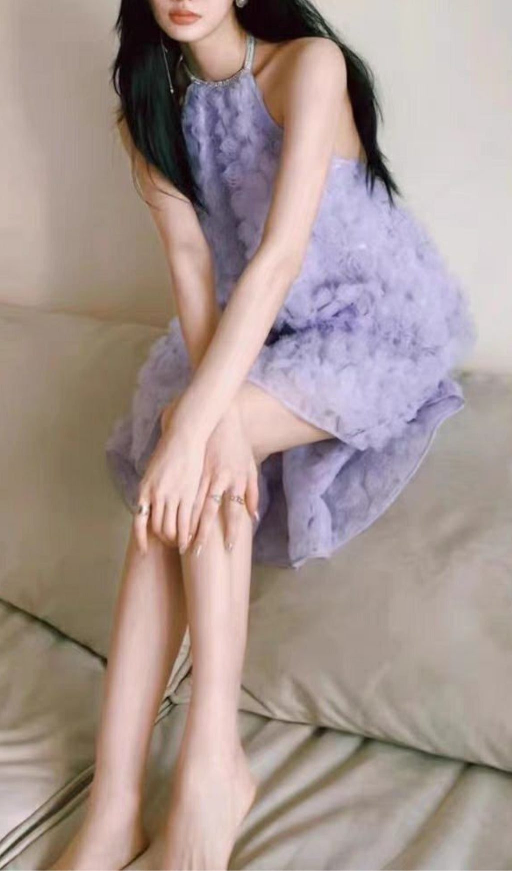 Elegant 3D Purple Rose Halter Neck Backless Midi Dress for Women - Perfect for Summer Parties, Weddings, and Special Occasions