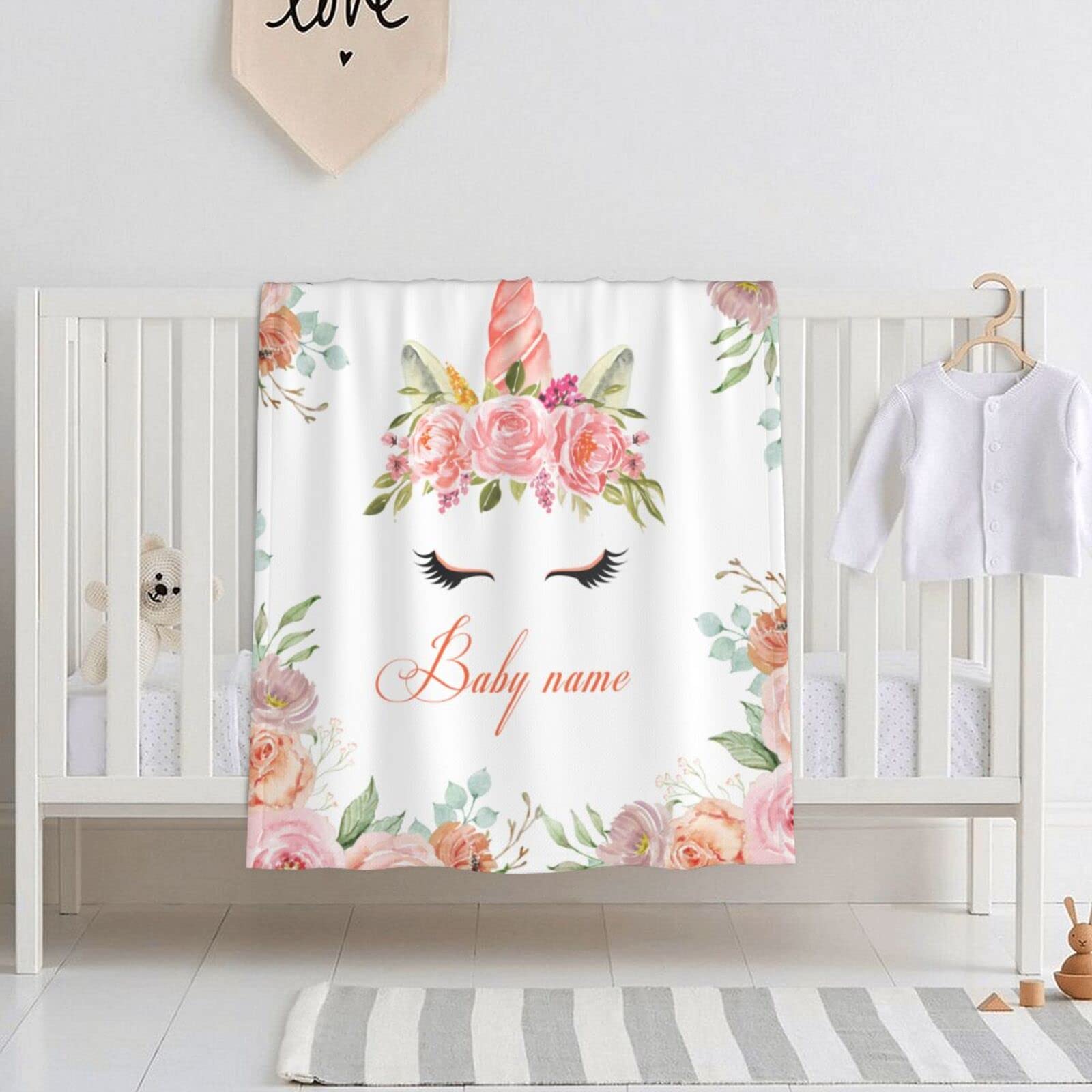 Personalized Baby Blanket with Name - Custom Floral Fleece Blanket for Newborn Girls & Boys - Soft Elephant Design Baby Gift for Shower, Nursery & Photo Props