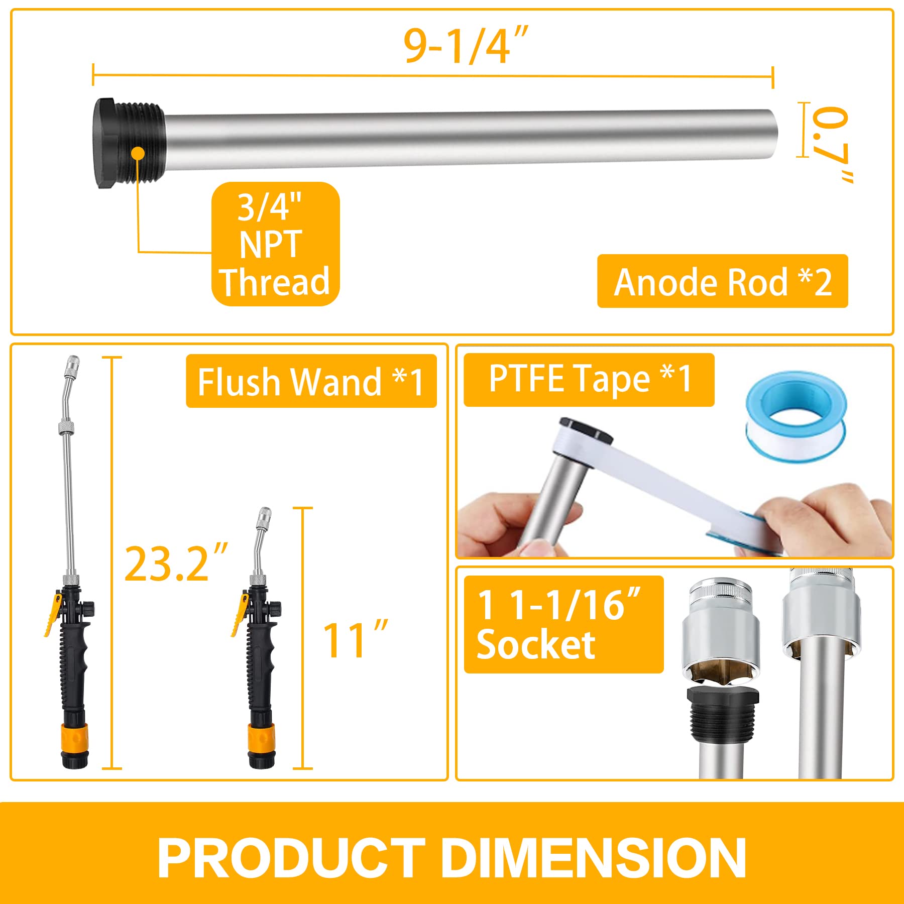 2-Pack RV Water Heater Magnesium Anode Rods - Compatible with Suburban & Mor-Flo Tanks, Camper Water Heater Replacement Parts (3/4