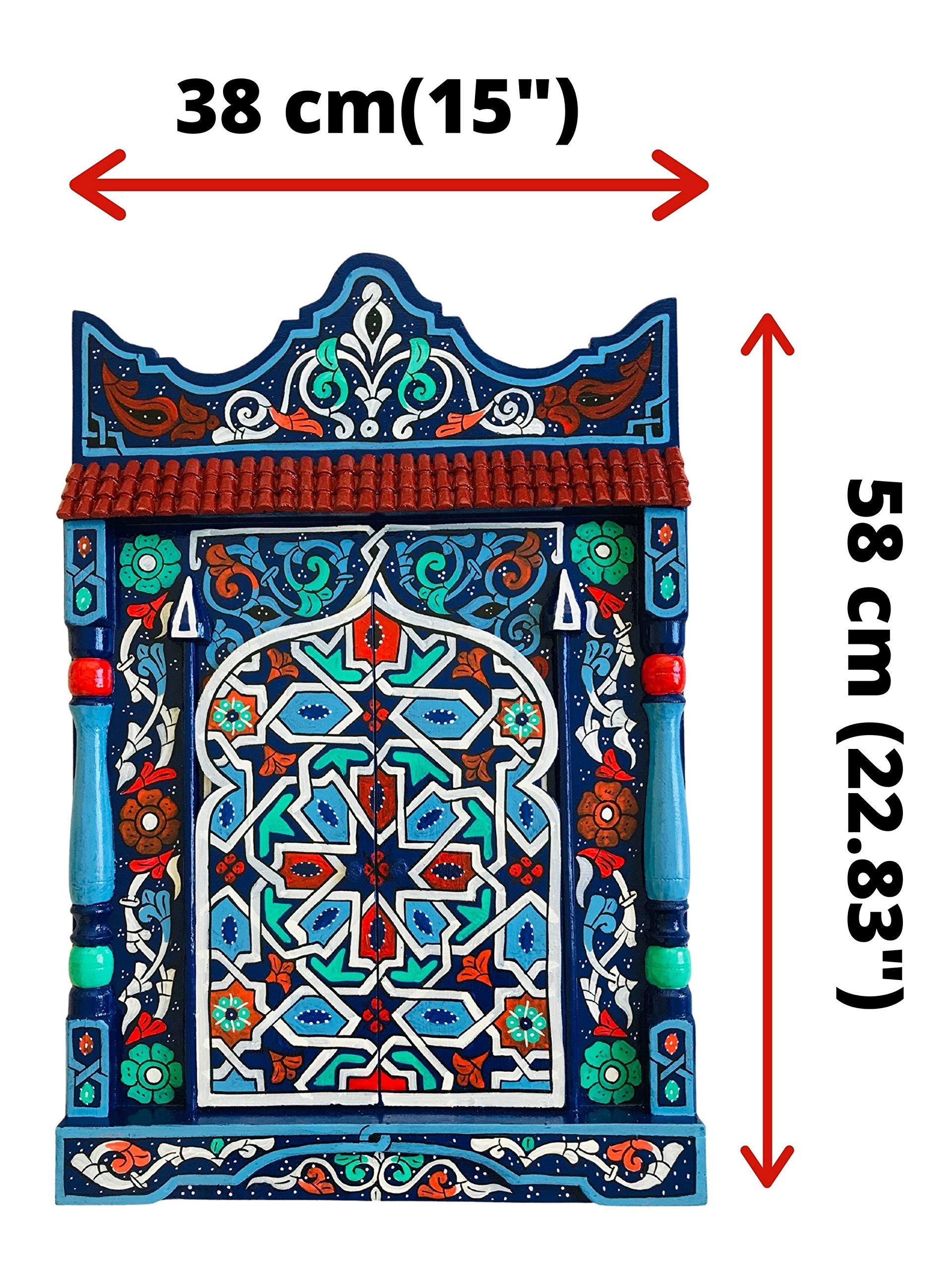 Hand-Painted Moroccan Wooden Shelf & Rustic Red Hanging Mirror Frame - Farmhouse Wall Art Decor for Living Room, Bedroom & Entryway (Blue)
