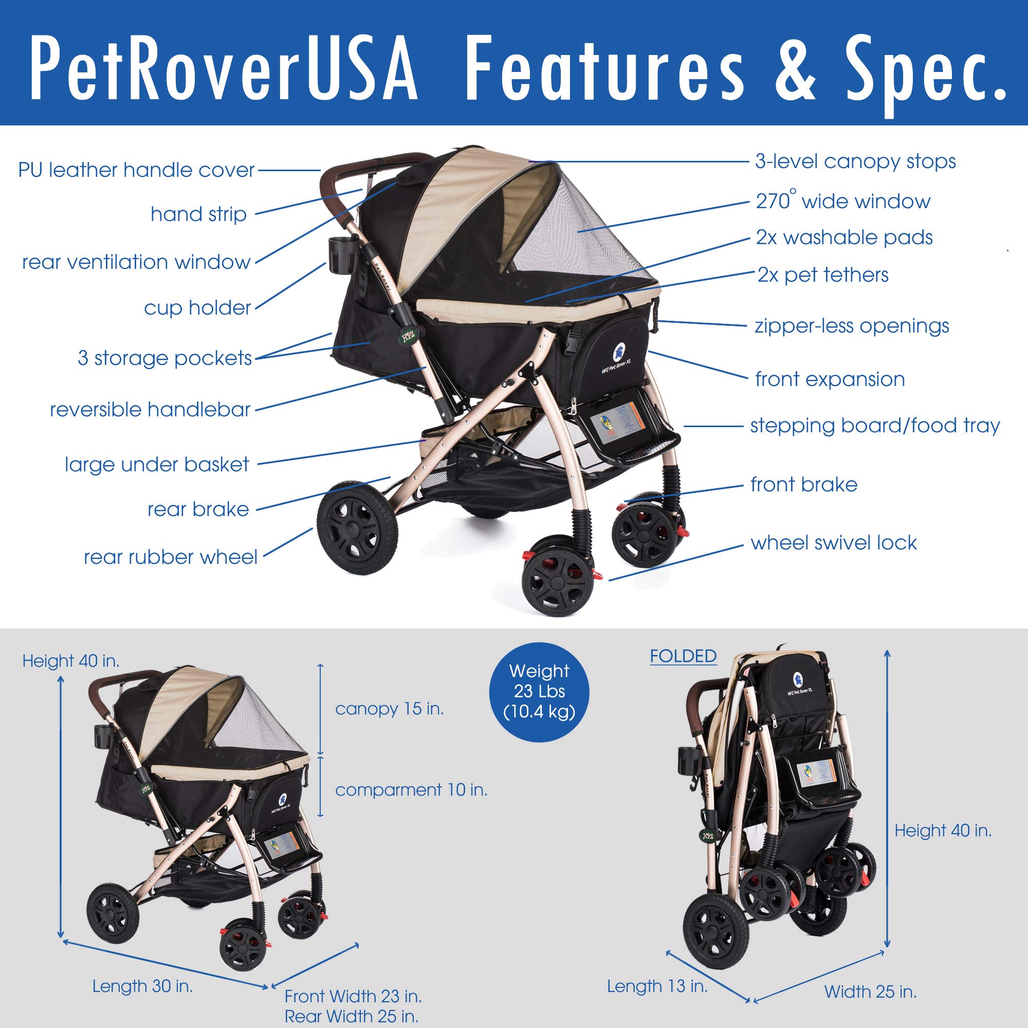 Premium Heavy Duty XL Extra-Long Pet Stroller for Small, Medium & Large Dogs & Cats - Taupe 2nd Generation | Durable Travel Carriage for Walking, Shopping & Outdoor Adventures