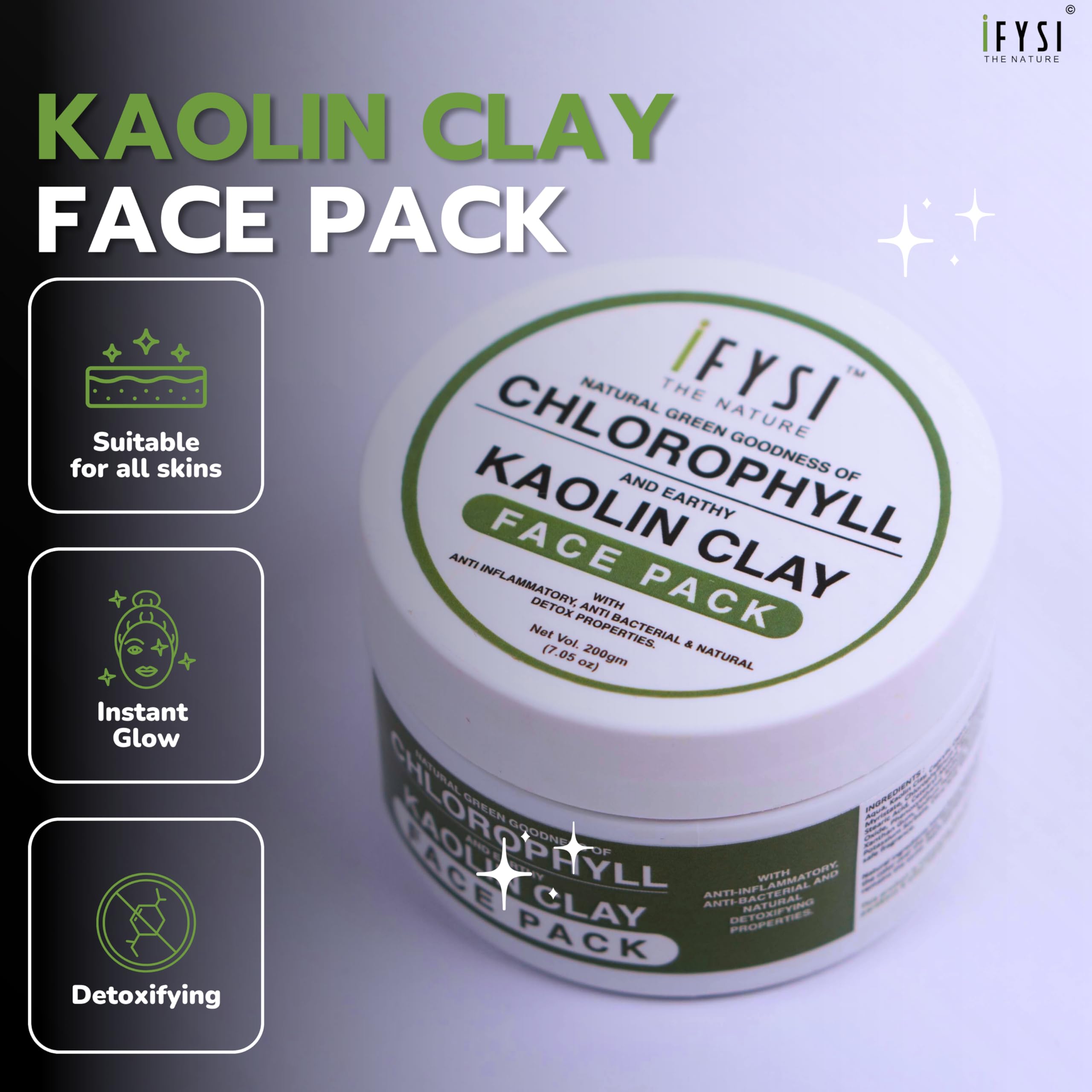 IFYSI Chlorophyll & Kaolin Clay Face Mask for Glowing Skin - 200g | Paraben-Free, Fragrance-Free, Cruelty-Free & Vegan | Deep Cleansing & Detoxifying Facial Treatment for Acne-Prone & Oily Skin