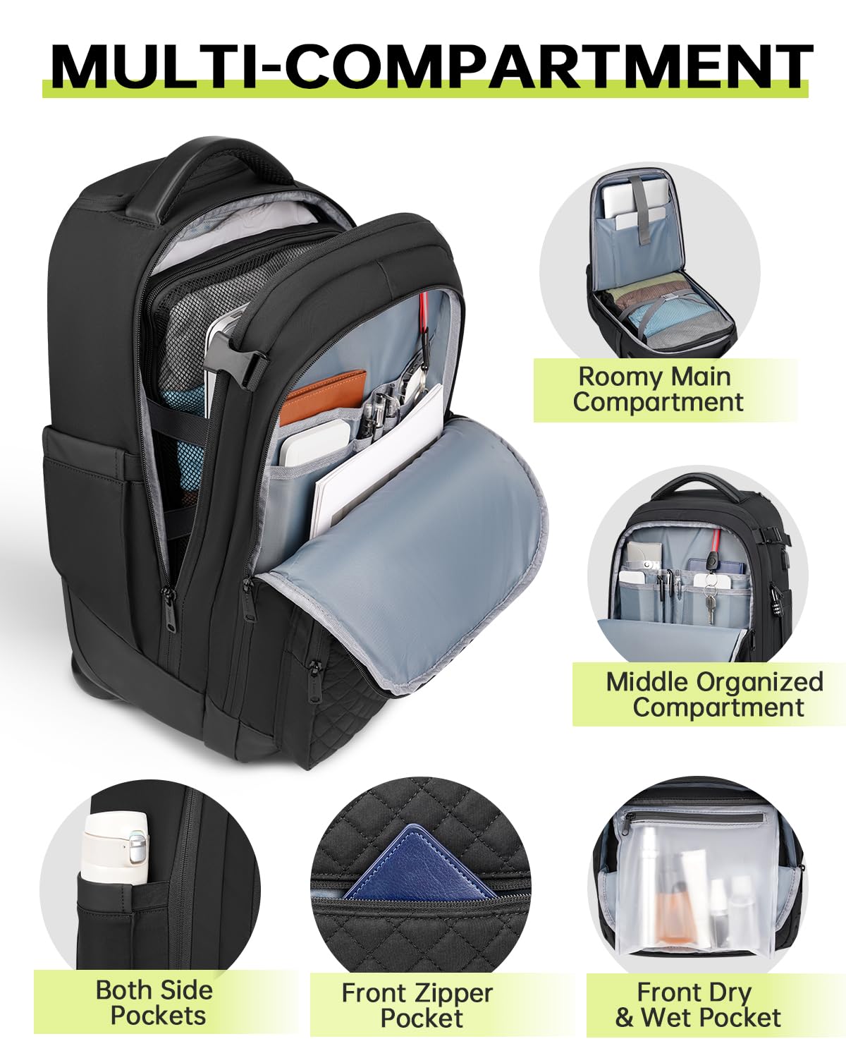 Mancro 17 Inch Water-Resistant Rolling Backpack for Women & Men - Wheeled Laptop Travel Backpack with Anti-Theft Design, Business Carry On Luggage & Overnight Roller Bag for Adults (Black) - Perfect for Business Trips, College Commute & Airplane Travel