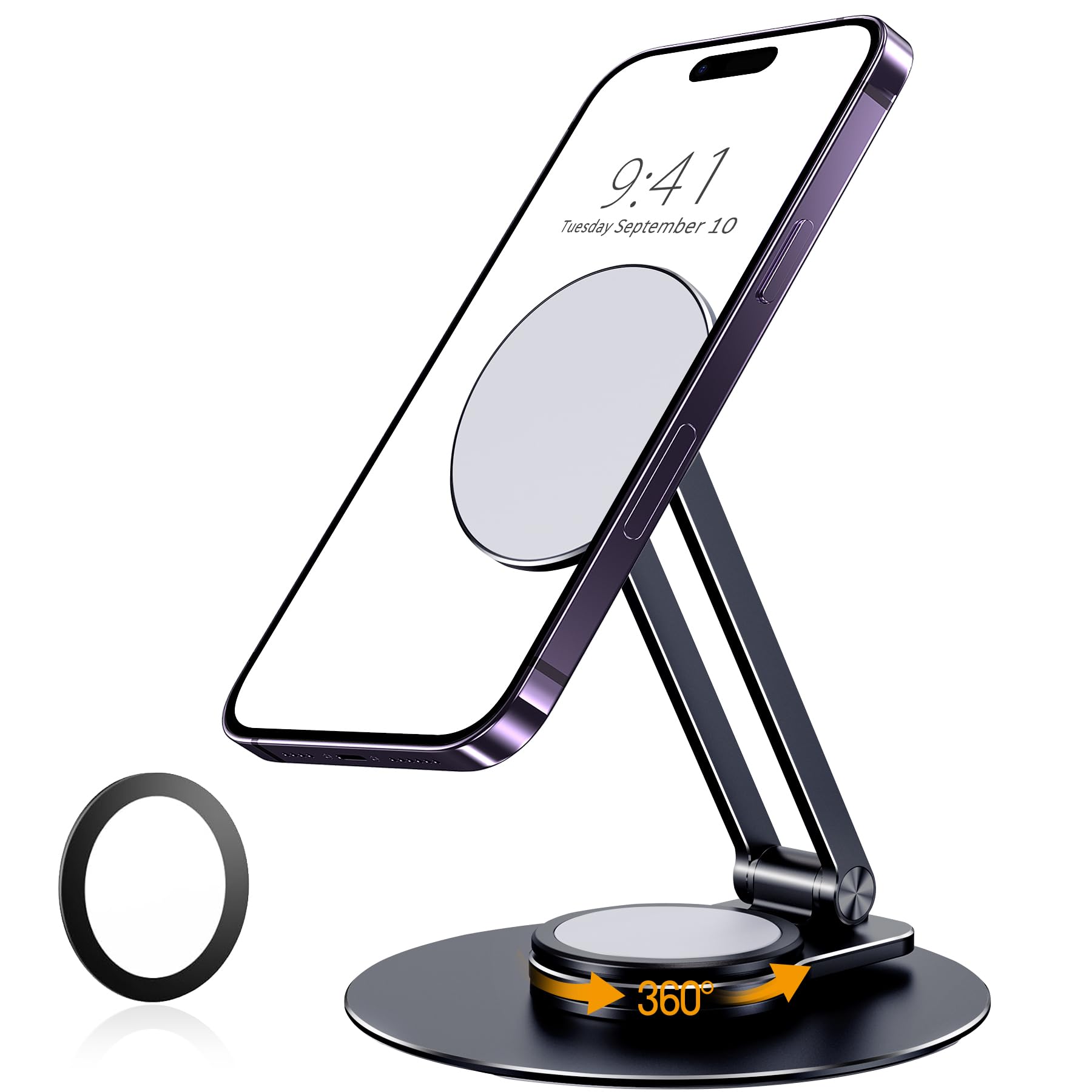 Lucrave Aluminum Magnetic Phone Stand for Desk - 360° Rotatable Adjustable Holder Compatible with iPhone 16/15/14/13 Pro Max/Plus, Galaxy S24 Ultra/S23 & Pixel 8 - Portable Travel Phone Stand (Black) | Perfect for Office, Home, Car & Travel Use