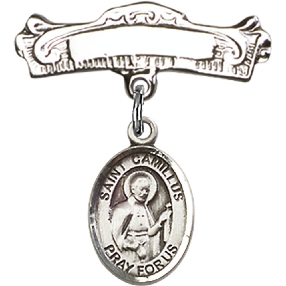 St. Camillus of Lellis Sterling Silver Baby Badge Charm - 7/8 X 7/8 Inch Arched Polished Pin - Perfect for Christening Gifts, Baby Blessings & Religious Keepsakes