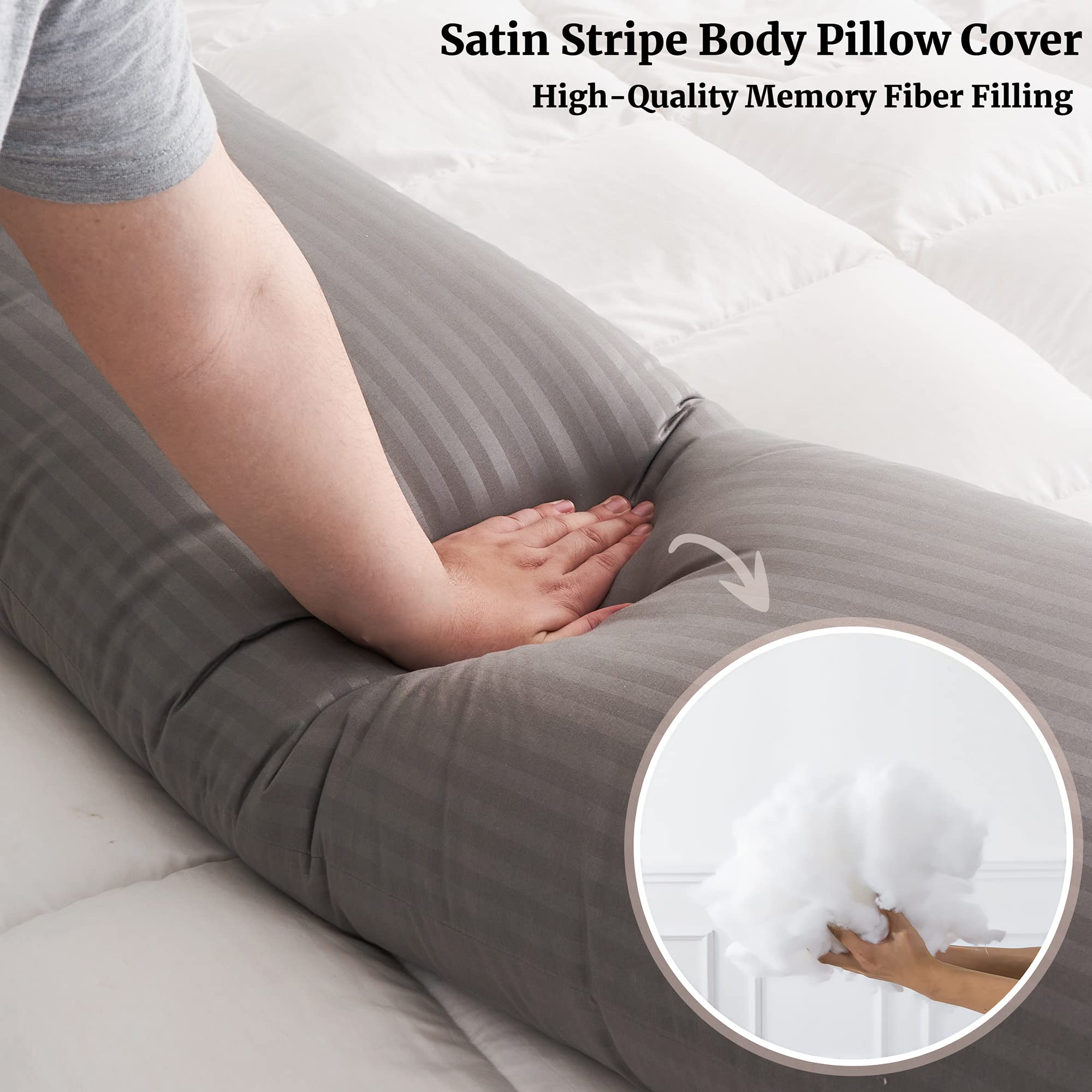 ELNIDO QUEEN Full Body Pillow for Adults - 20x54 Inch Long Bed Pillow with Dark Gray Stripe Cover, Orthopedic Support for Side Sleepers & Back Pain Relief - Perfect for Pregnancy, Couch Lounging & Home Comfort