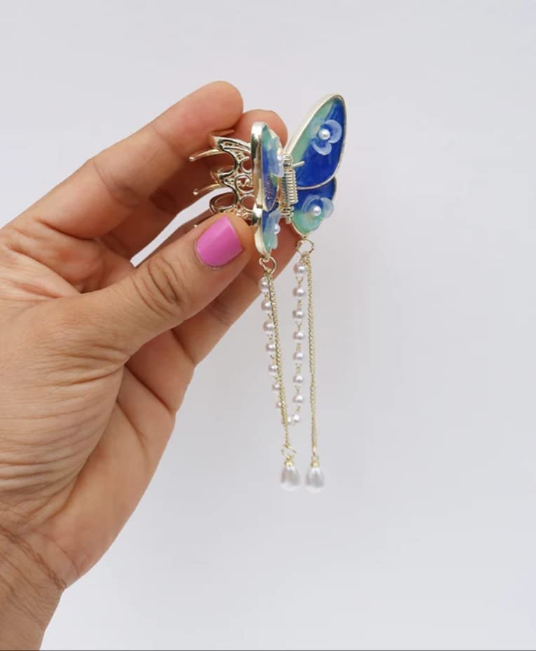 PLUCKET® Rhinestone Butterfly Hair Clips with Pearl Tassel - Small Hair Claw Barrettes for Women & Girls - Blue Hair Accessories for Parties, Weddings & Everyday Styling
