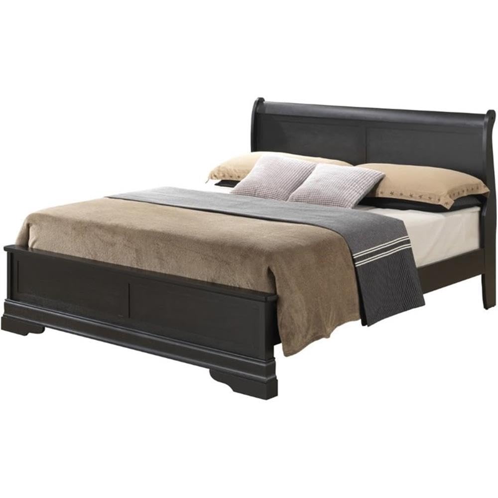 Glory Furniture Louis Phillipe Full Panel Bed in Black - Elegant Queen Size Bed Frame for Master Bedroom & Guest Room