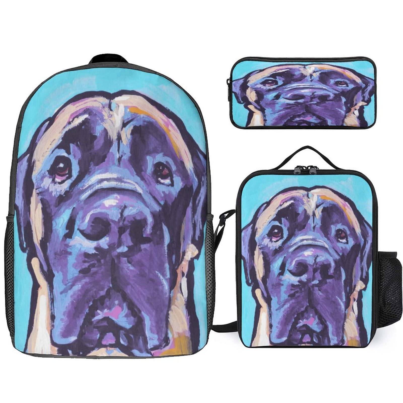 English Mastiff Colorful Pop Art Dog Backpack Set for Kids - 3 Piece School Backpack with Pencil Case & Lunch Bag | Trendy Backpack for Boys & Girls, Perfect for School, Travel & Daily Use