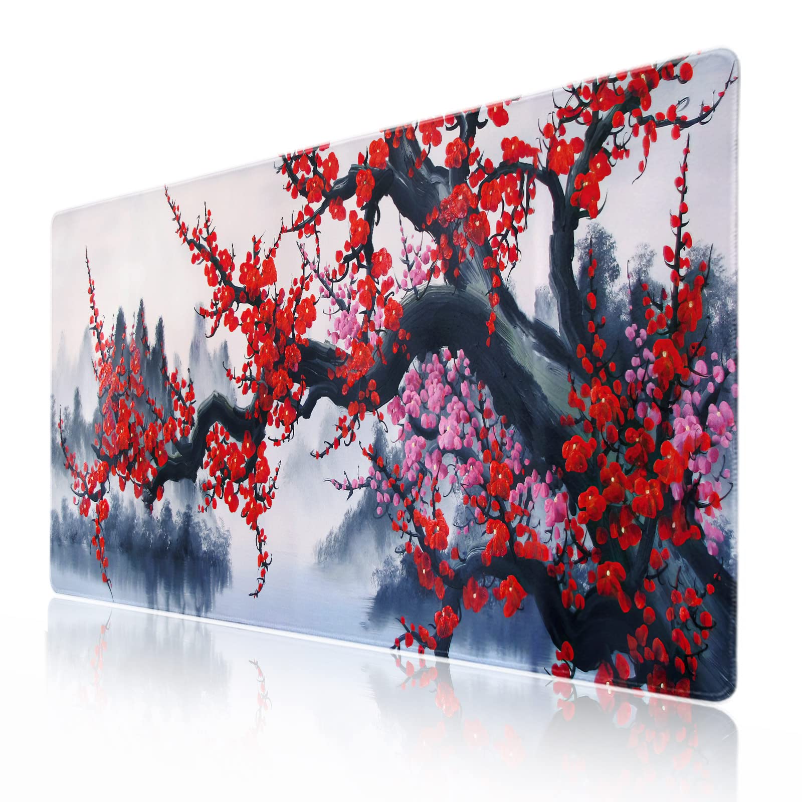 Japanese Cherry Blossom Watercolor Extended Mouse Pad - 90x40cm (35.4x15.7 Inch) Non-Slip Rubber Base Desk Mat with Stitched Edges for Gaming, Office & Home Use - Perfect for Keyboard, Laptop & Computer Workstations