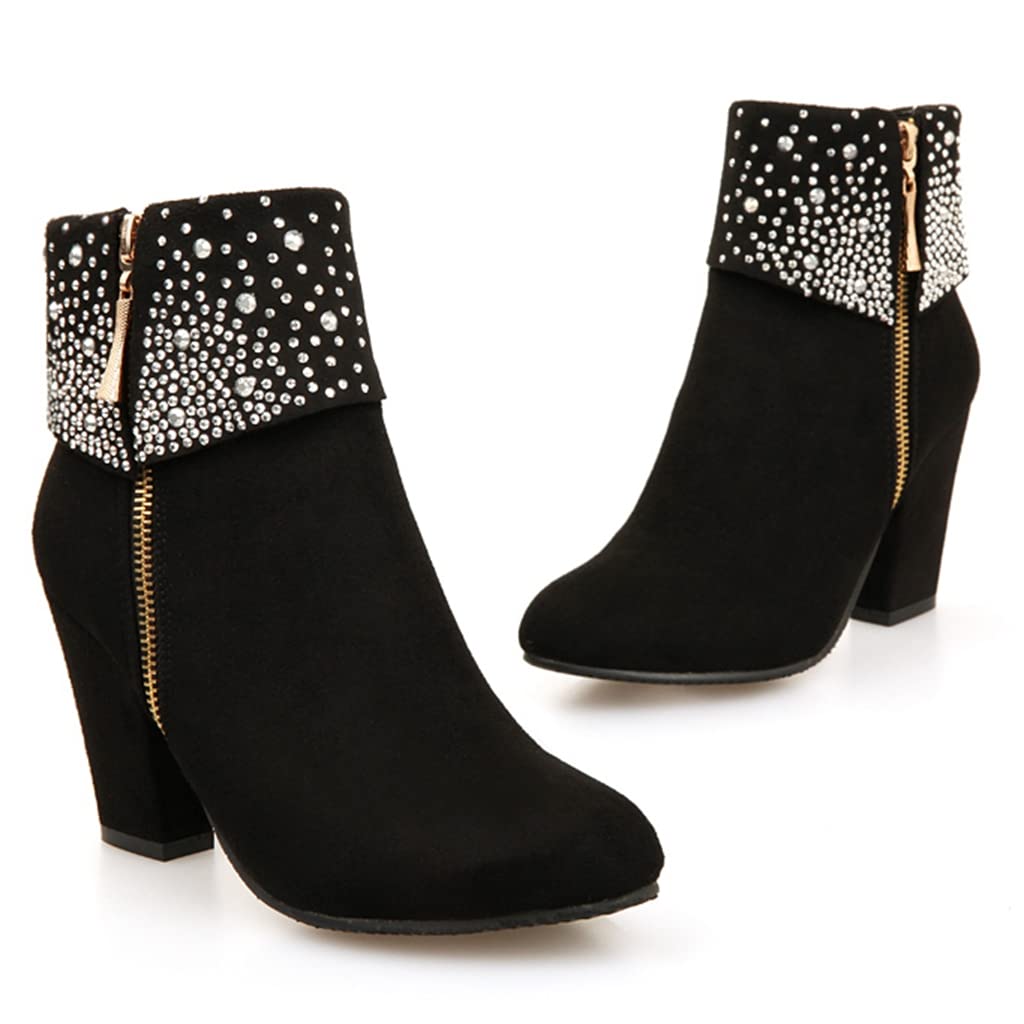 MIOKE Women's Chunky Block Heel Ankle Boots - Rhinestone Round Toe Suede Zipper Booties for Party, Work & Night Out | Dress Boots for Fall Winter Fashion