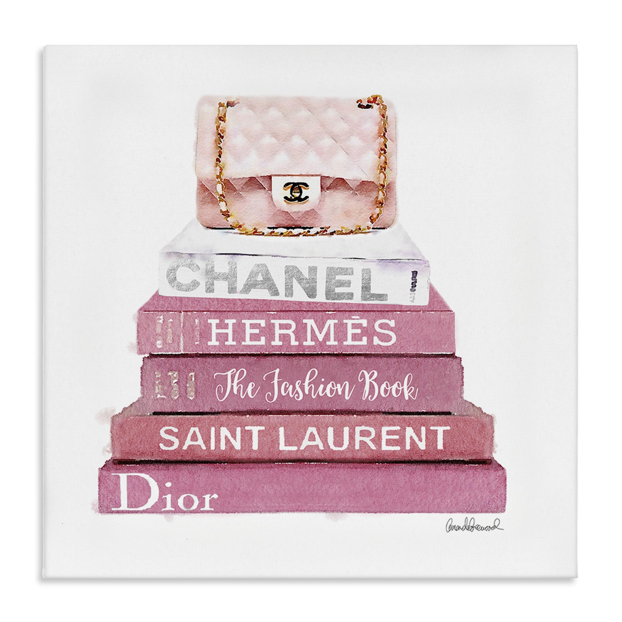 Stupell Industries Pink Book Stack Fashion Handbag Wall Art - Amanda Greenwood Design - 36x36 Inch Black Framed Canvas - Trendy Home & Office Decor for Women's Spaces
