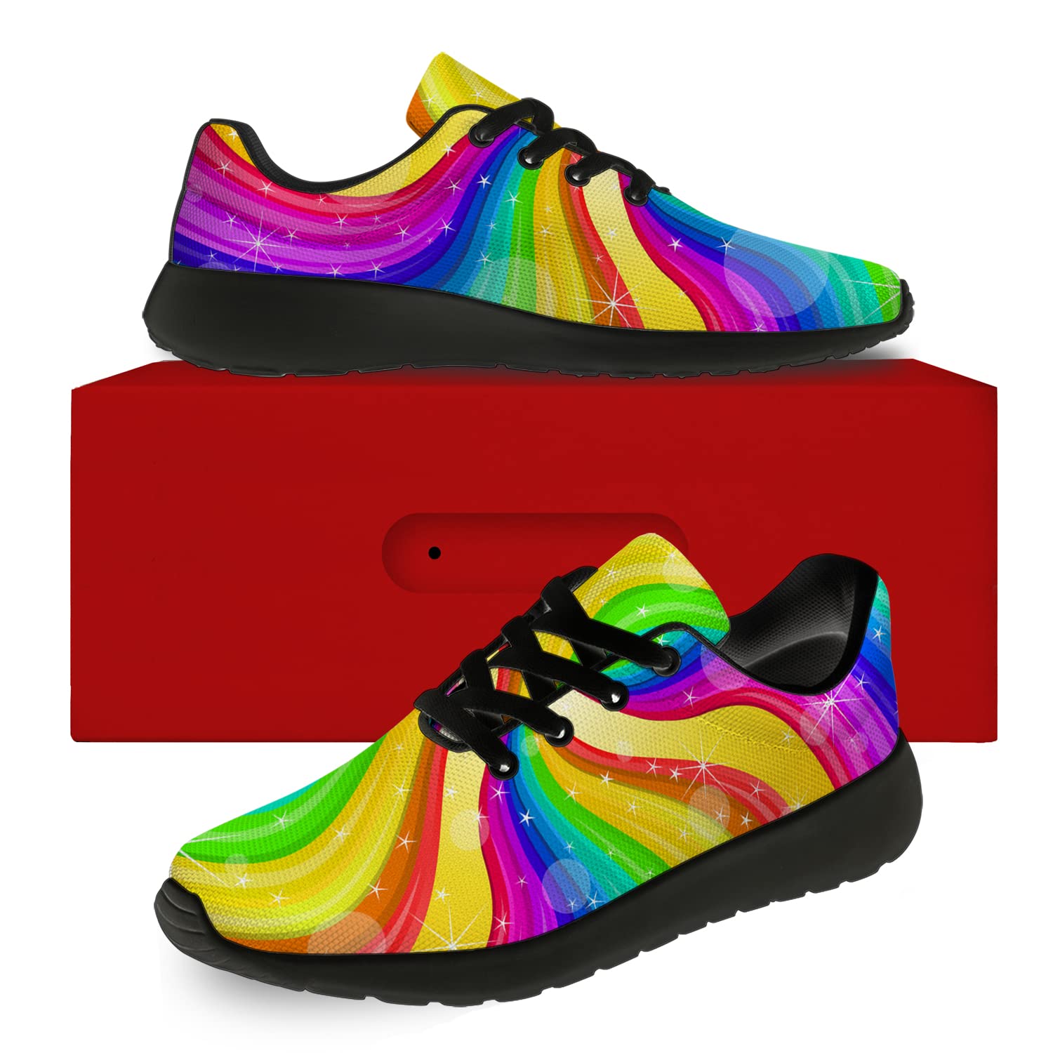Unisex Pride Running Shoes - Spiral Rainbow LGBT Sneakers for Men & Women (Size 9 Men/10.5 Women) - Perfect for Walking, Tennis & LGBTQ+ Events - Black
