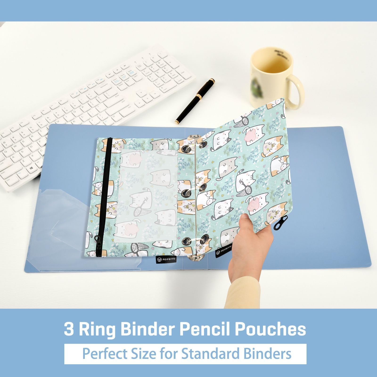 Kawaii Cute Cat Pencil Pouch for 3 Ring Binder - Clear Window Zipper Pencil Case for School & Office Supplies (2 Pack) - Perfect for Organizing Pens, Markers & Stationery in Binders