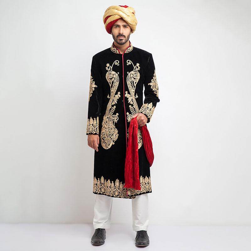 Jet Black Velvet Sherwani for Men - Slim Fit Indian Wedding Suit | Perfect for Groom, Groomsmen & Special Occasions