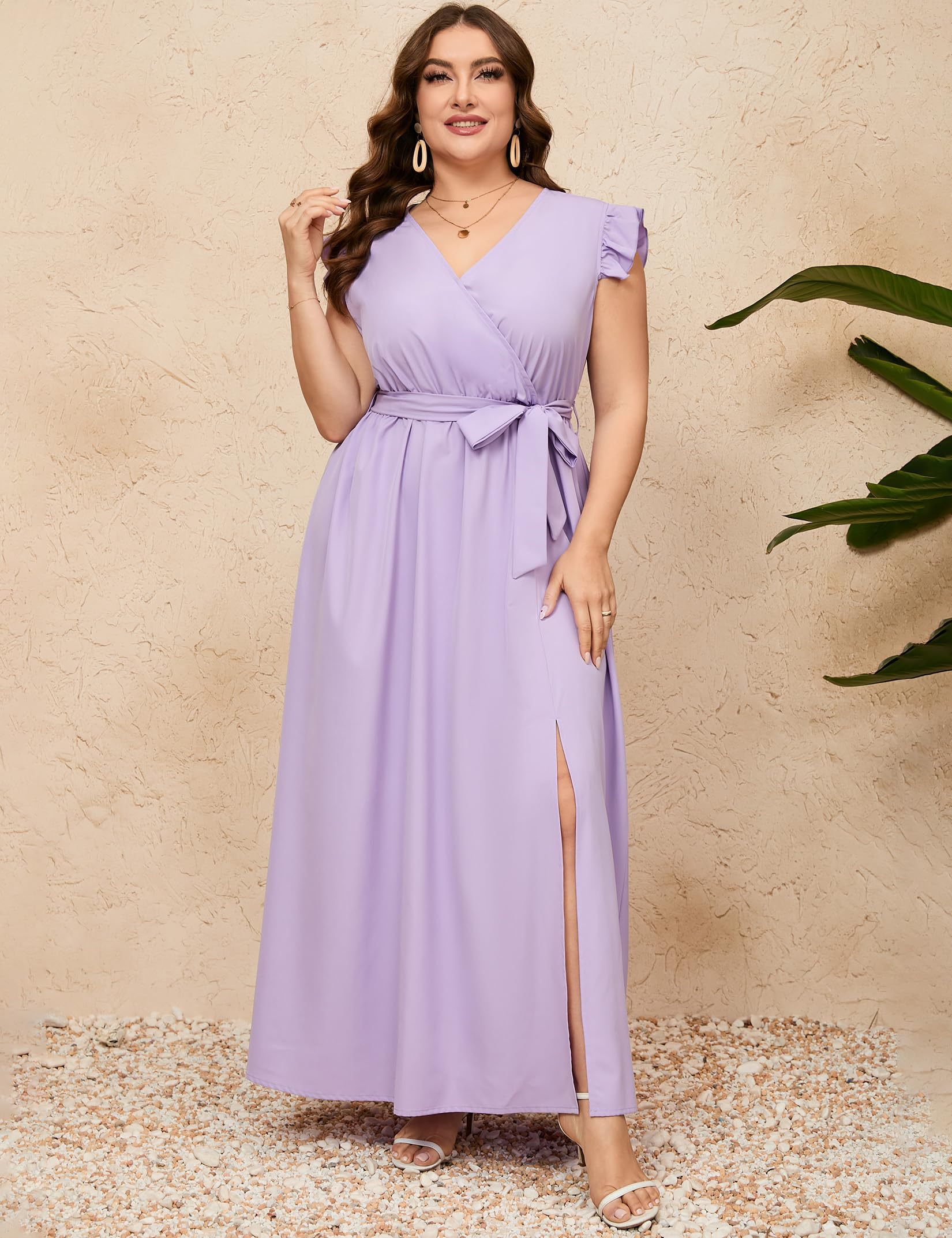 ShopWonder Plus Size Wrap V-Neck Maxi Dress - Women's Sleeveless High Waist Summer Casual Dress with Belt & Side Split | Perfect for Beach Vacations, Date Nights & Summer Parties