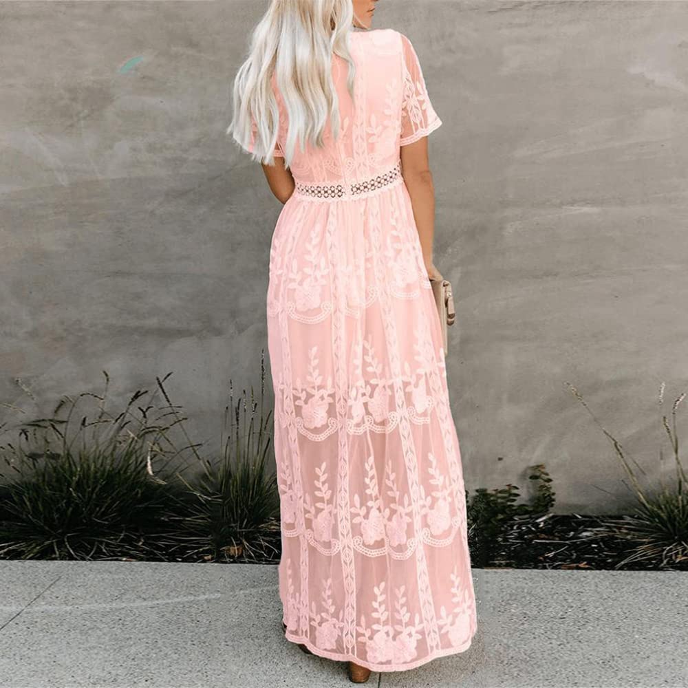 Elegant Floral Lace Wedding Dress for Women - V Neck Short Sleeve Maxi Gown for Bridal, Prom, Formal Events & Special Occasions