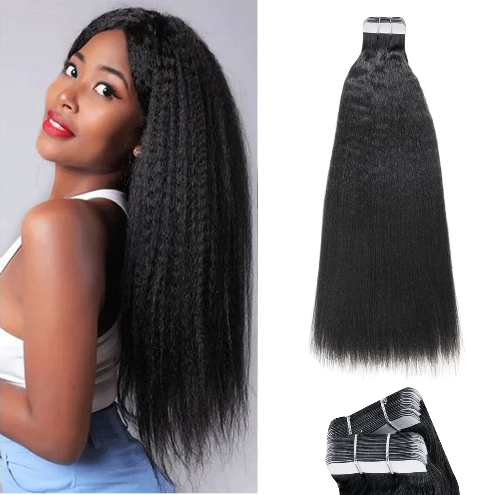 20pcs 50g 9A Grade Tape in Hair Extensions - 100% Real Brazilian Human Hair - Straight/Body Wave/Deep Wave/Kinky Curly/Kinky Straight - Seamless & Natural Black - 20 Inch - Perfect for Daily Styling, Weddings & Special Occasions