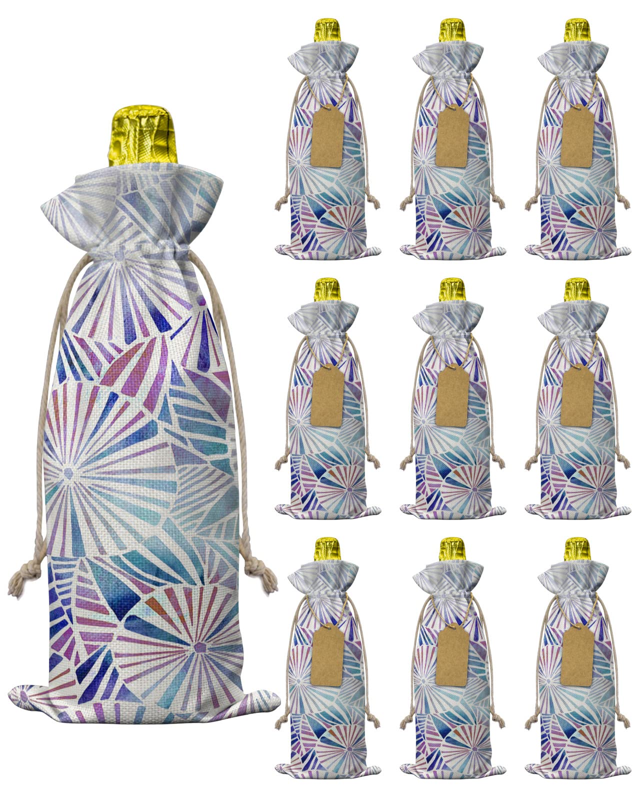 10-Pack Reusable Burlap Wine Bags with Drawstrings - Geometric Umbrella Pattern Multicolor Bottle Covers for Christmas, Wedding, Birthday & Holiday Parties | Perfect for Wine Gifts, Party Favors & Hostess Presents