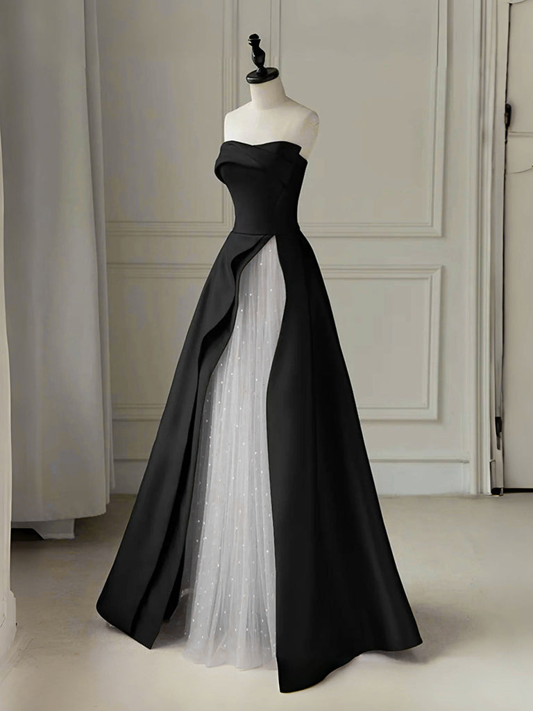 Elegant A-Line Tulle Satin Black & White Long Prom Dress - Formal Evening Gown for Homecoming, Wedding, Ballroom Dance & Special Occasions