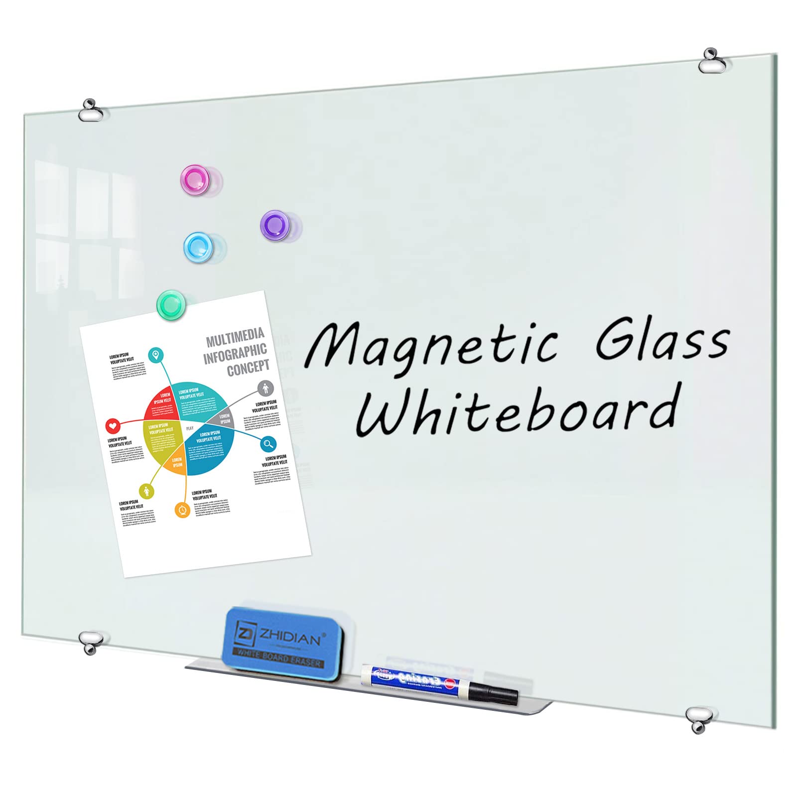 Premium Magnetic Glass Whiteboard 48x30 Inches - Large Tempered Glass Dry Erase Board for Wall Mounting | Frameless 4x3 ft Glass Whiteboard for Home Office, School & Conference Rooms | Perfect for Presentations, Brainstorming & Teaching
