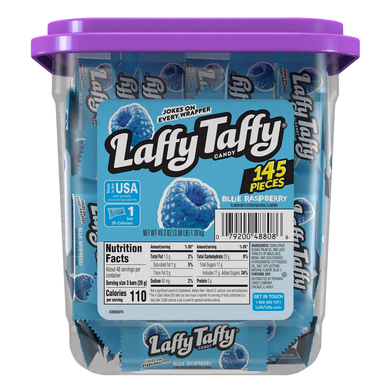 Blue Raspberry Laffy Taffy Candy - 145 Individually Wrapped Chewy Taffy Pieces - Bulk Party Candy for Halloween, Birthday Favors & Office Treats