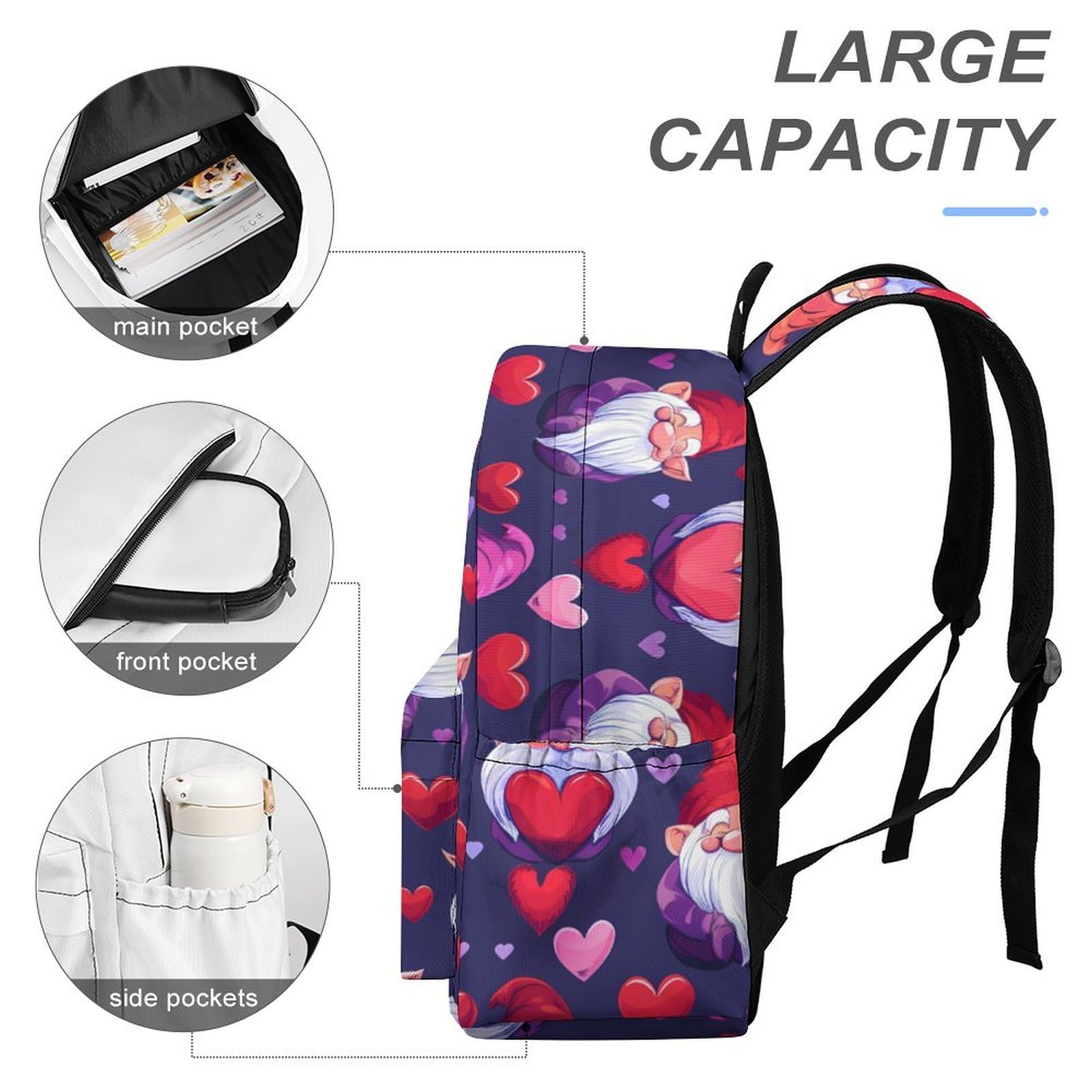 Gnomes Hearts Mini Backpack - Cute Shoulder Bag for Women & Men, Small Laptop Bag, Lightweight Travel Daypack - Perfect for School, Work, Travel & Daily Use