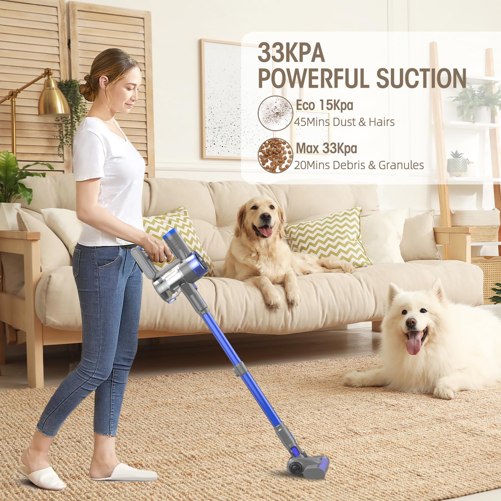 Powerful 33KPa/400W Cordless Stick Vacuum Cleaner with 45Min Detachable Battery - 6-in-1 Lightweight Vacuum for Hardwood Floors, Pet Hair & Carpets | Perfect for Home Cleaning & Pet Owners