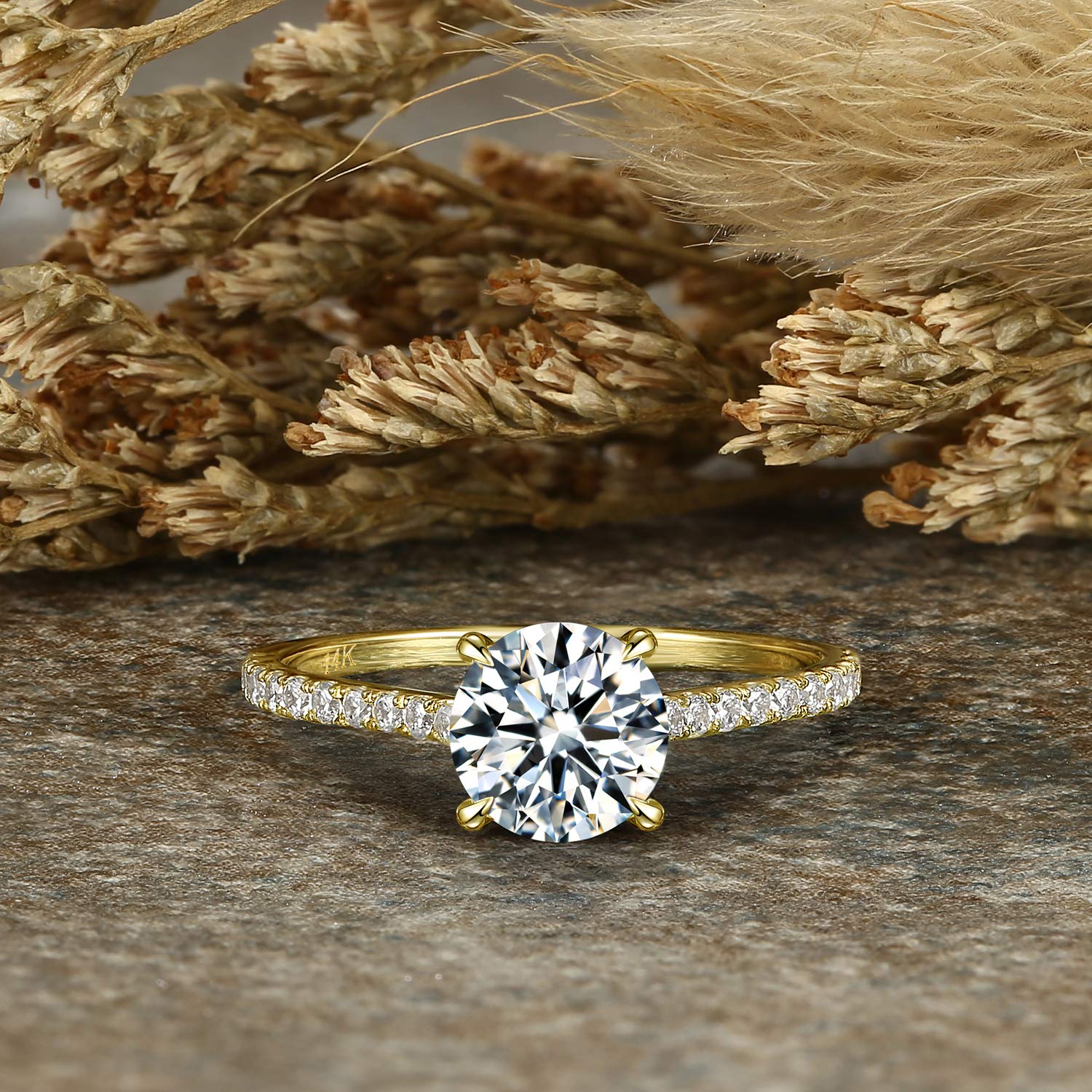 14K Solid Gold 1CT CZ Simulated Diamond Engagement Ring - 4-Prong Bridal Promise Ring Set (6.5mm) for Weddings, Proposals & Anniversary Gifts